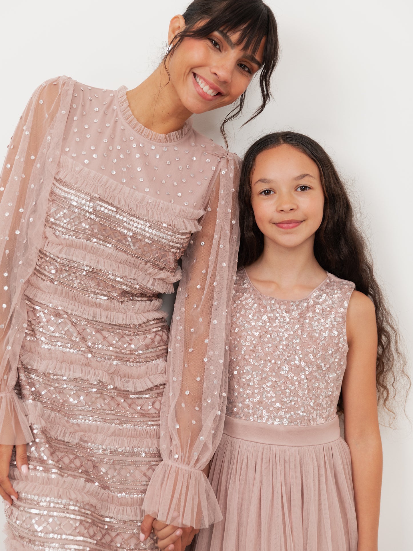 Mini Maya Frosted Pink Delicate Sequin Midi Dress with Bow