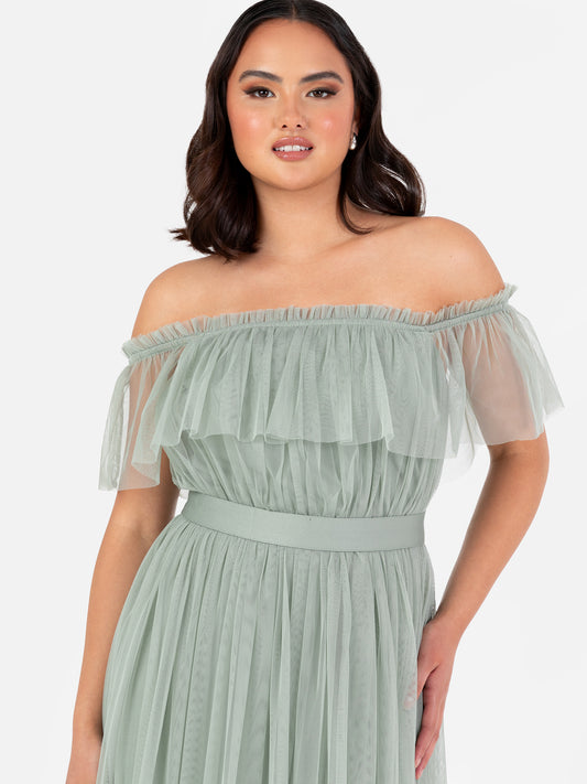 Anaya With Love Recycled Frosty Green Bardot Maxi Dress with Sash Belt