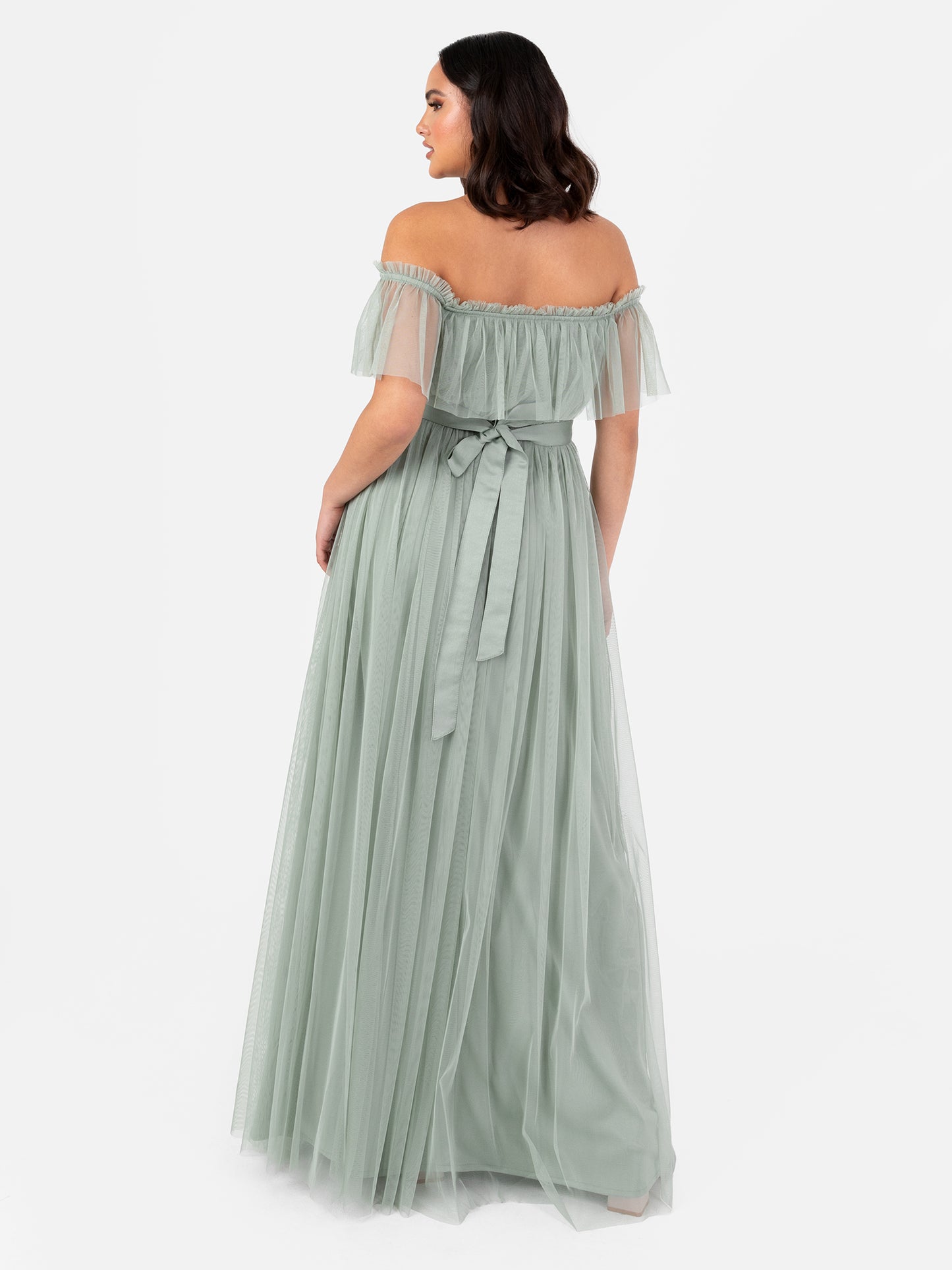 Anaya With Love Recycled Frosty Green Bardot Maxi Dress with Sash Belt
