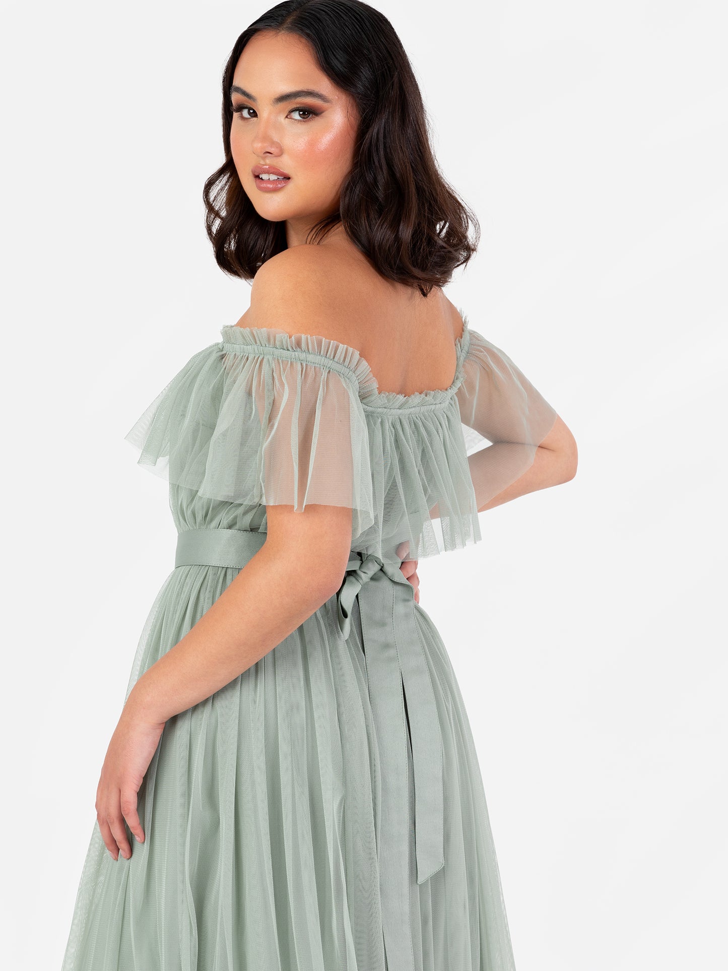Anaya With Love Recycled Frosty Green Bardot Maxi Dress with Sash Belt