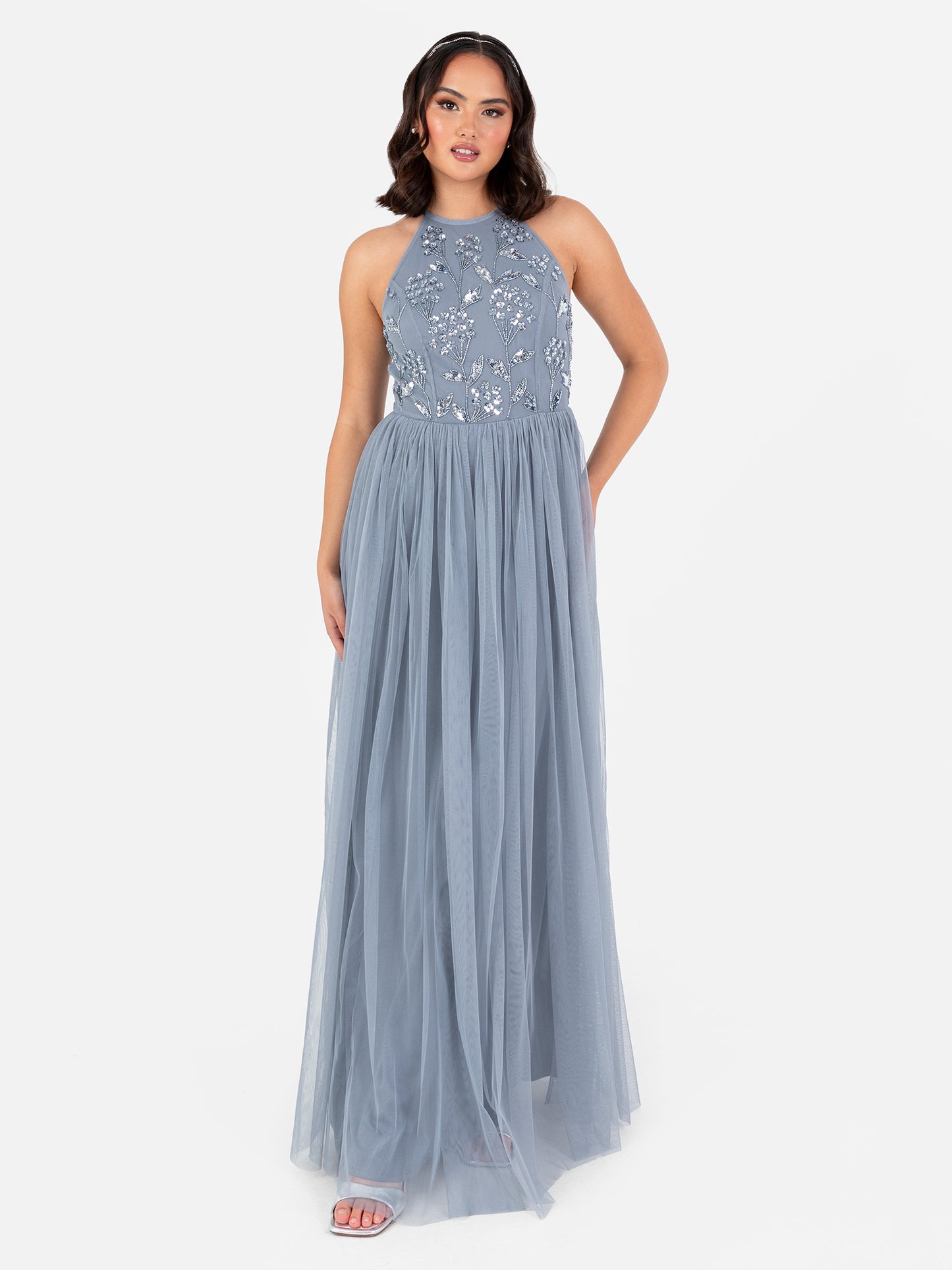 Maya Dusty Blue Floral Embellished Halter Neck Maxi Dress