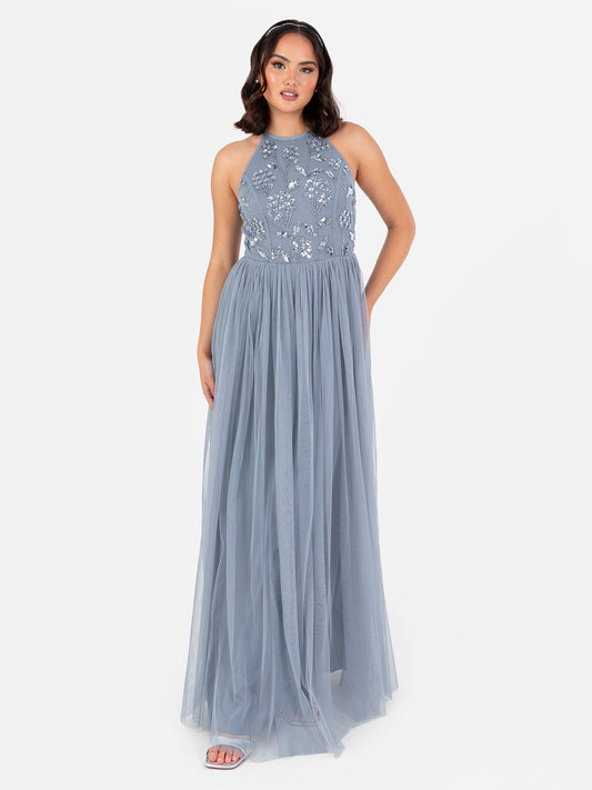 Maya Dusty Blue Floral Embellished Halter Neck Maxi Dress