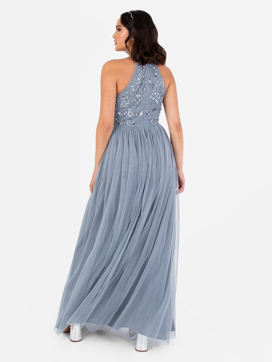 Maya Dusty Blue Floral Embellished Halter Neck Maxi Dress