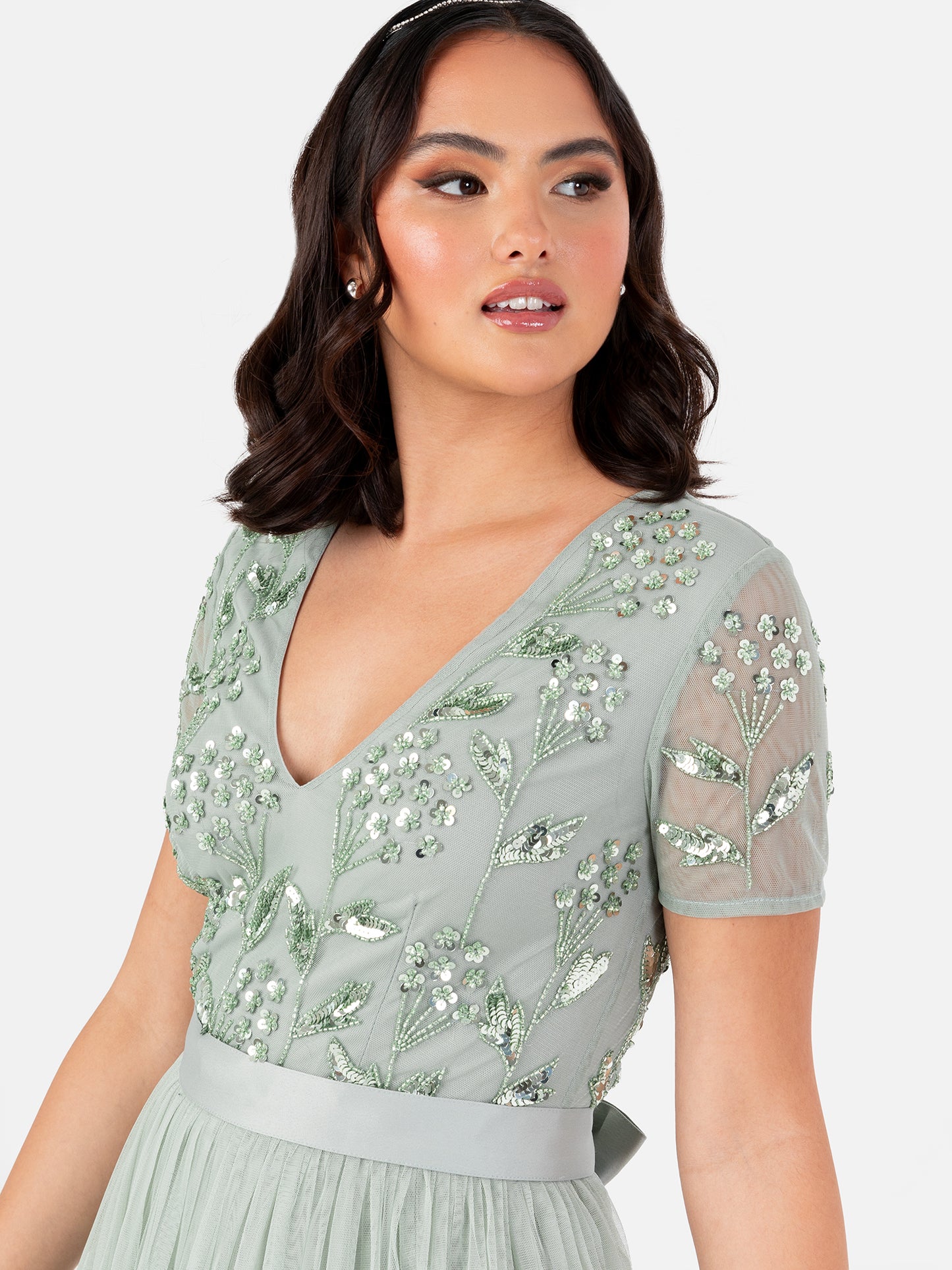 Maya Sage Green Floral Embellished Short Sleeve V Neck Maxi Dress with Sash Belt