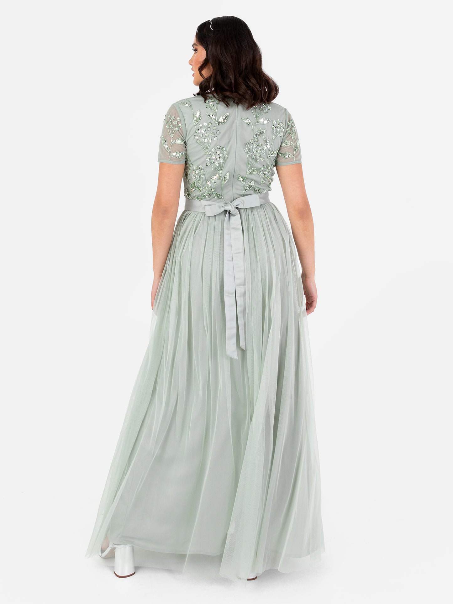 Maya Sage Green Floral Embellished Short Sleeve V Neck Maxi Dress with Sash Belt