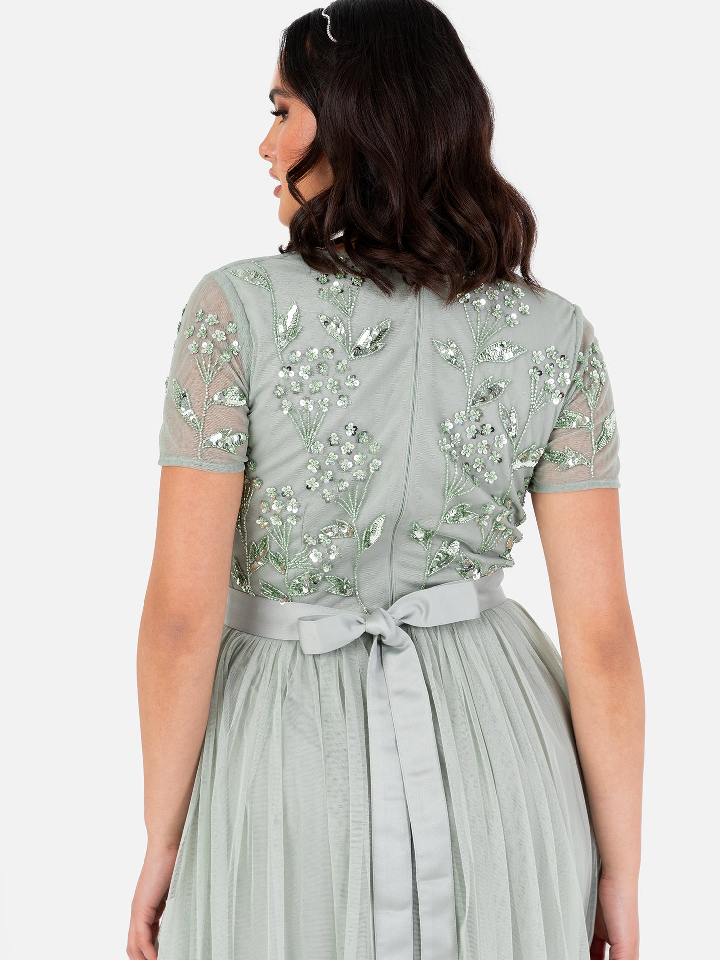 Maya Sage Green Floral Embellished Short Sleeve V Neck Maxi Dress with Sash Belt