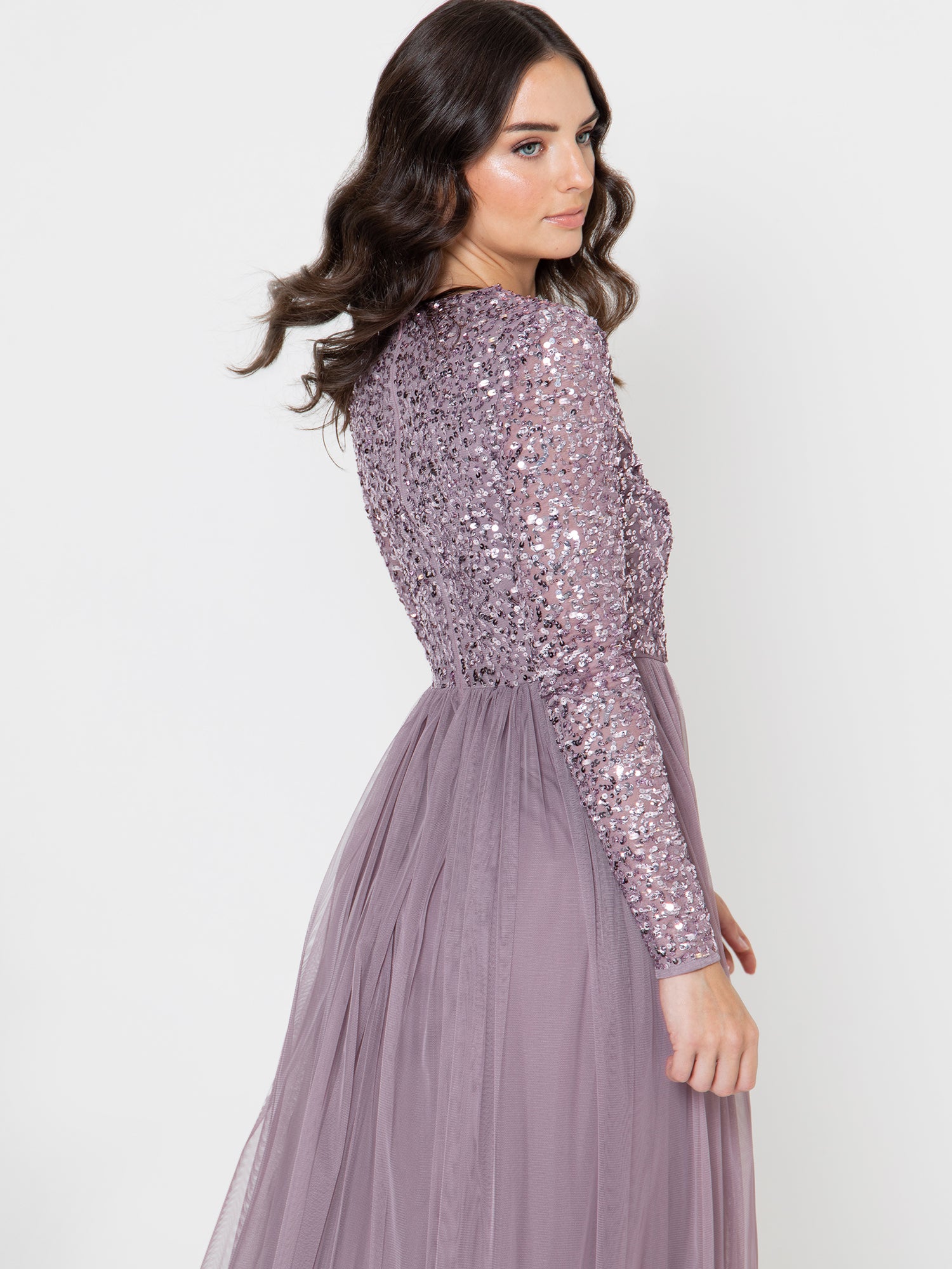 knee length dresses for ladies Maya Moody Lilac Embellished Long Sleeve Maxi Dress – Maya Deluxe