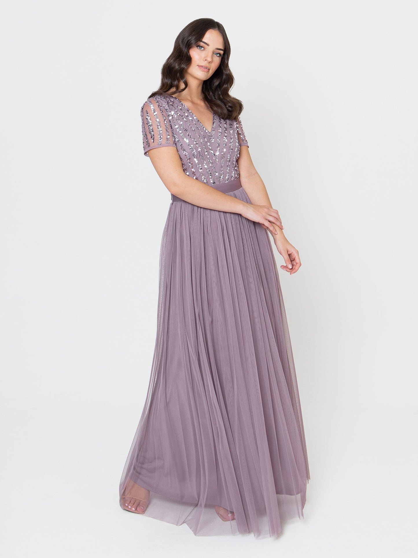 Maya Moody Lilac Stripe Embellished Maxi Dress With Sash Belt