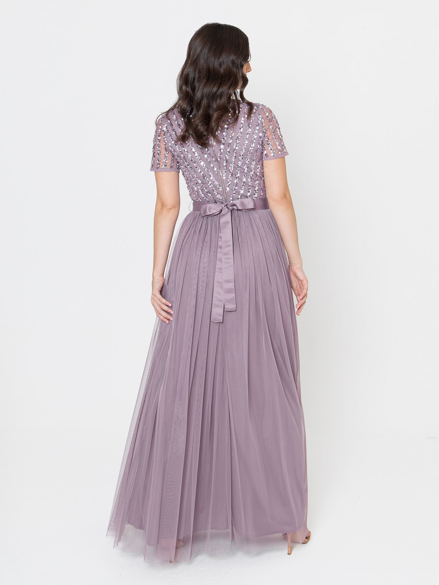 Maya Moody Lilac Stripe Embellished Maxi Dress With Sash Belt