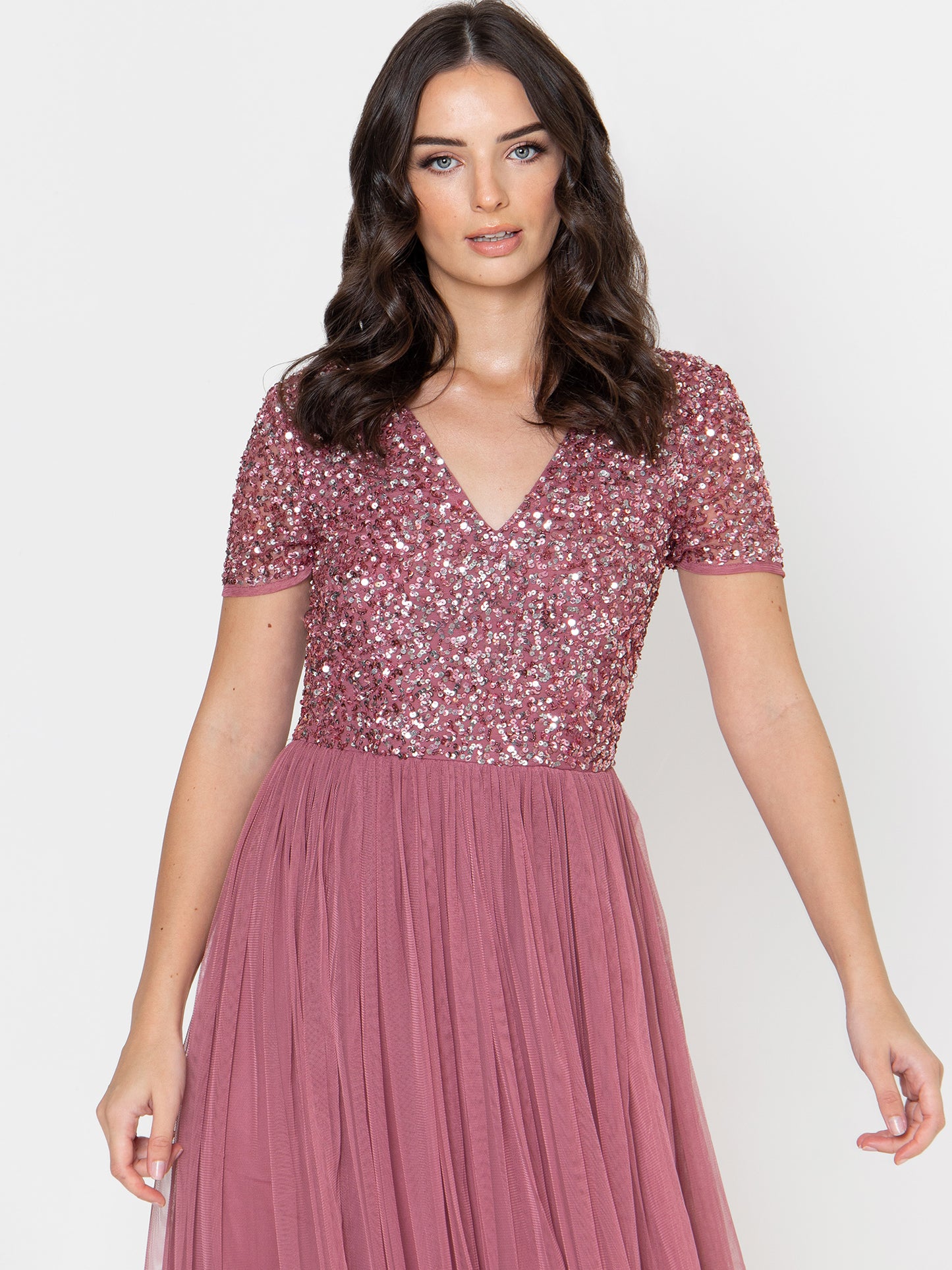 Maya Desert Rose Short Sleeve V Neckline Embellished Maxi Dress