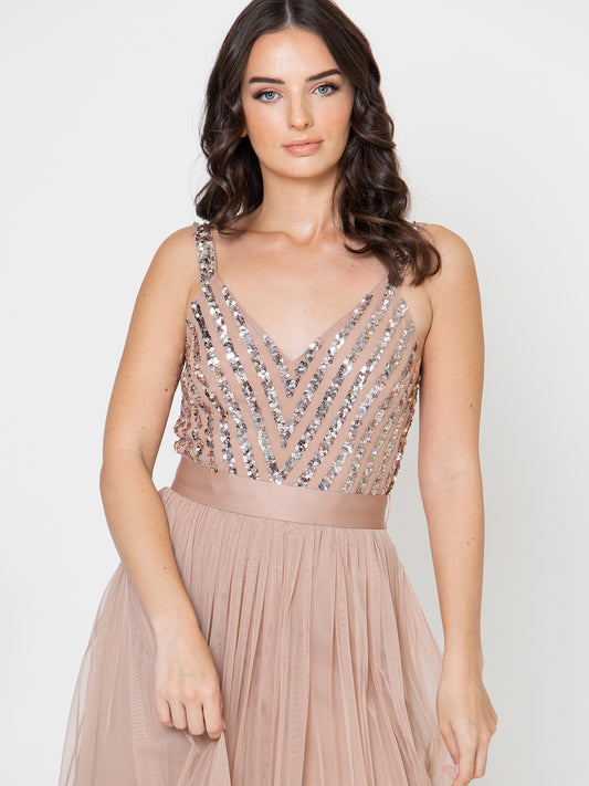 Maya Taupe Blush Sleeveless Stripe Embellished Maxi Dress