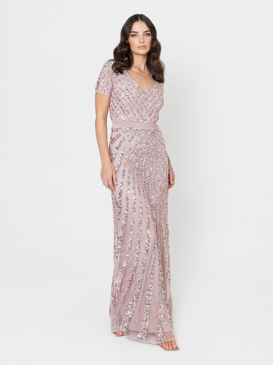 Maya Frosted Pink Short Sleeve Stripe Embellished Maxi Dress