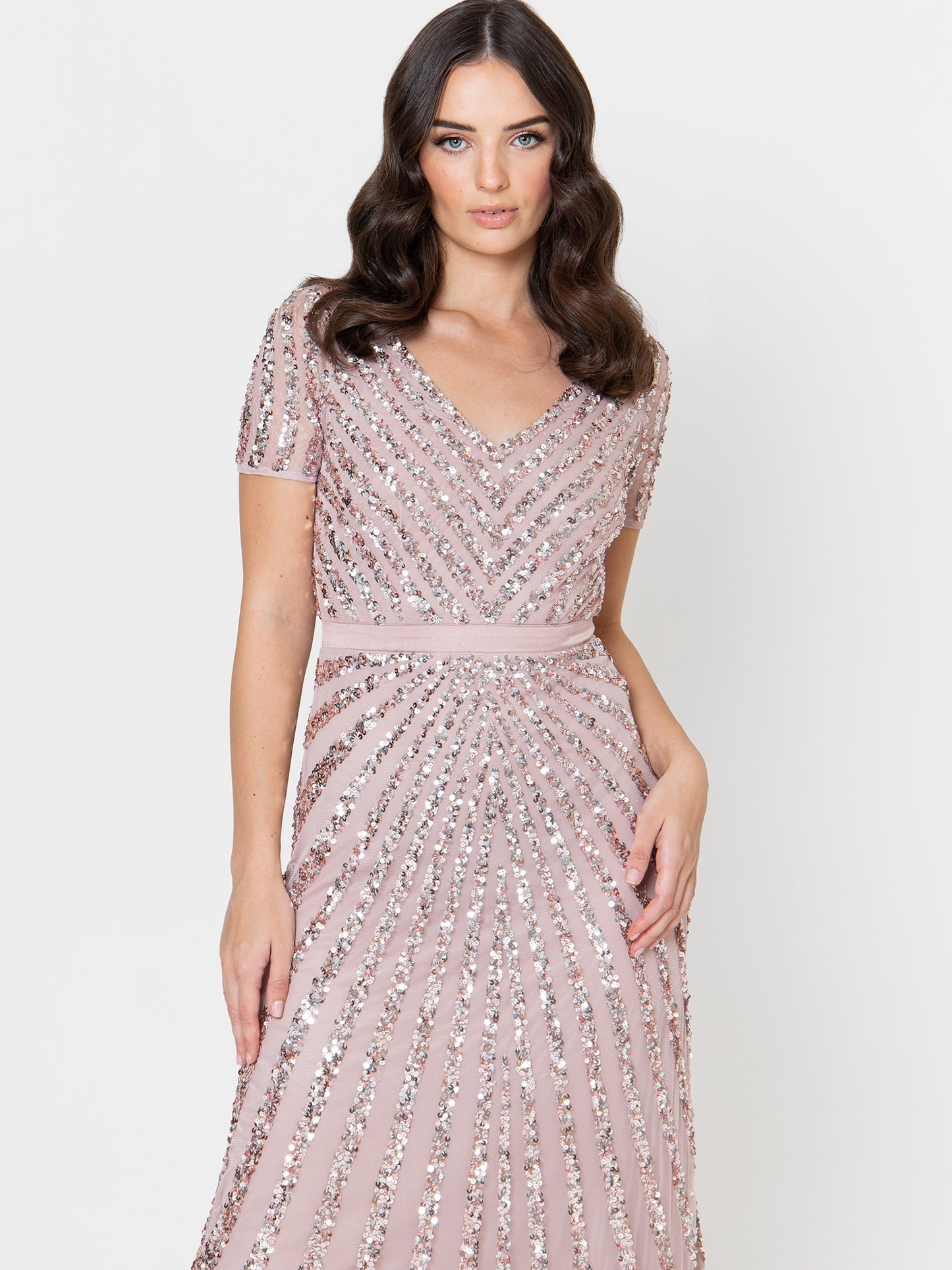 Maya Frosted Pink Short Sleeve Stripe Embellished Maxi Dress Maya Deluxe Maya Frosted Pink Short Sleeve Stripe Embellished Maxi Dress Maya Deluxe