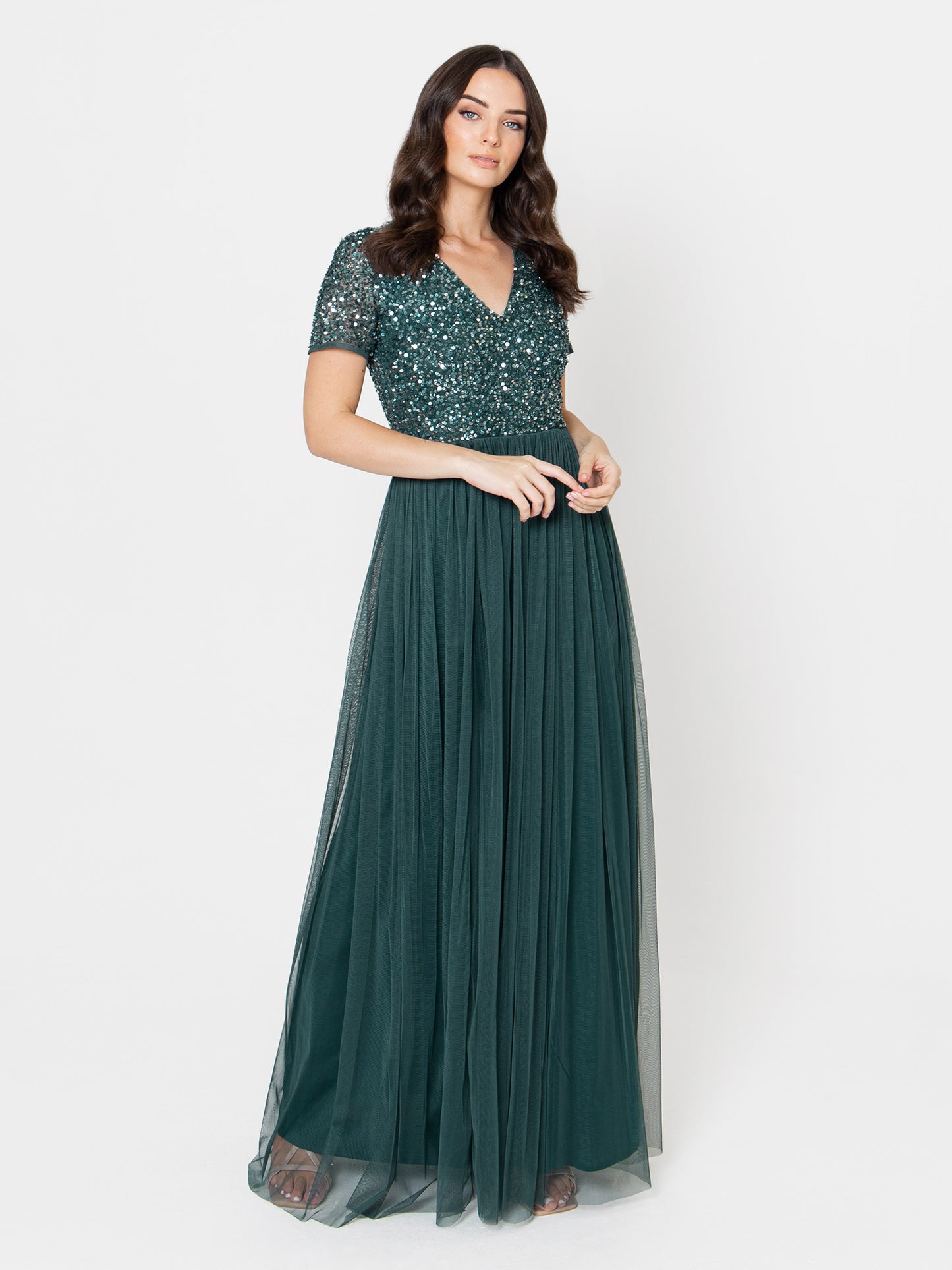 Maya Emerald Green Short Sleeve V Neckline Embellished Maxi Dress