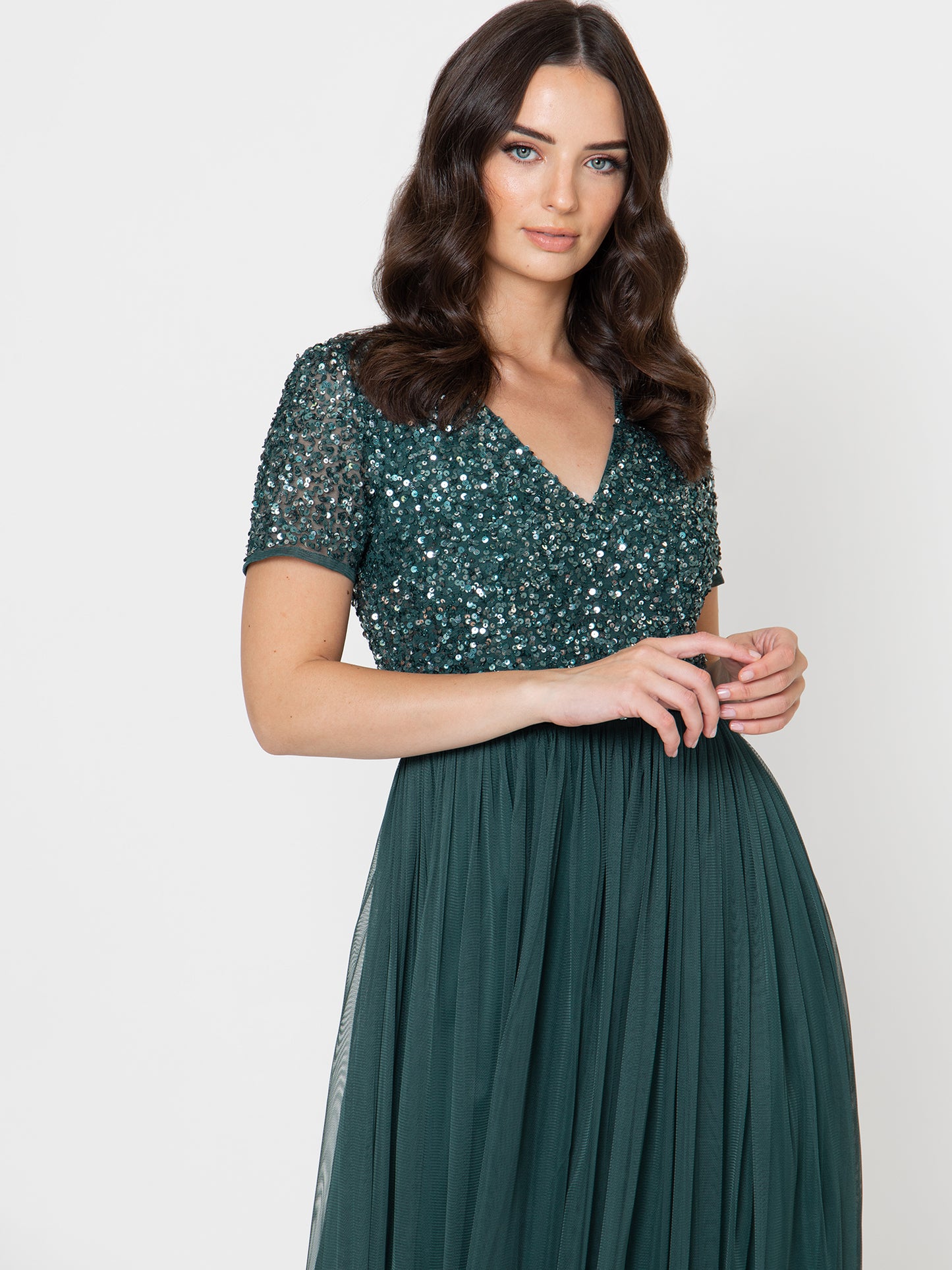Maya Emerald Green Short Sleeve V Neckline Embellished Maxi Dress