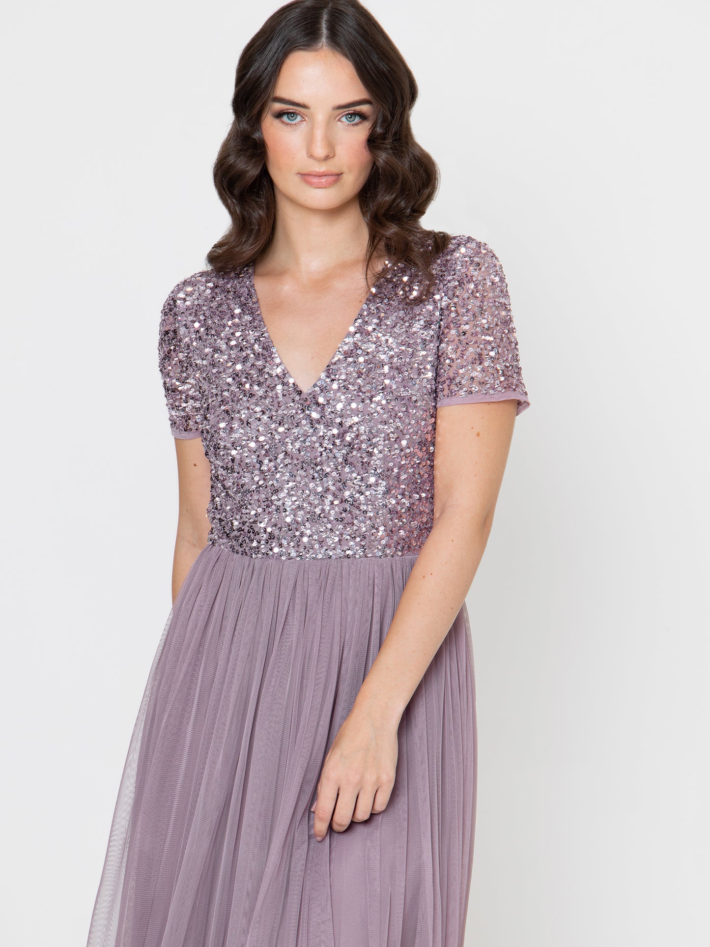 Maya Moody Lilac Short Sleeve V Neckline Embellished Maxi Dress