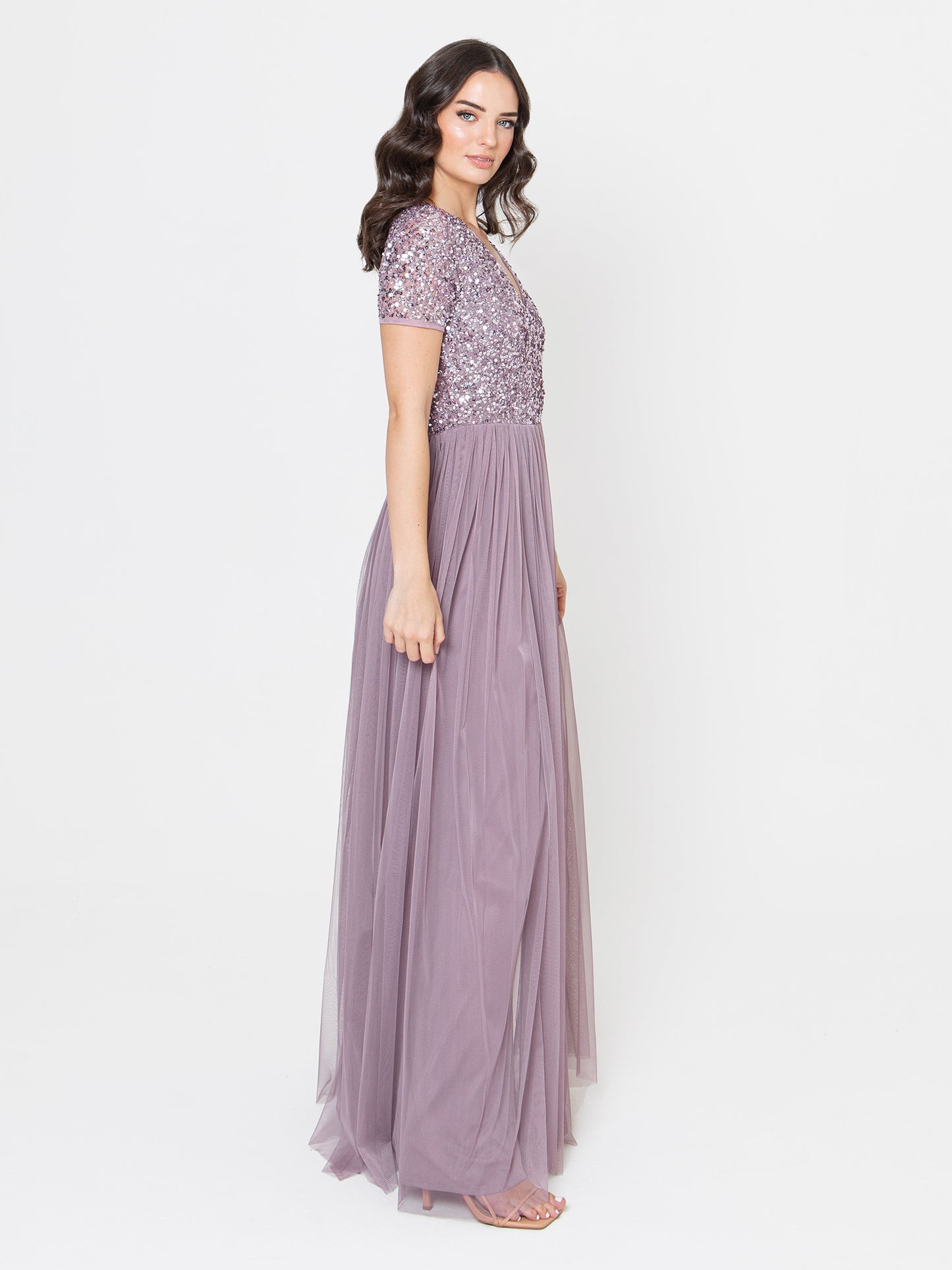 Maya Moody Lilac Short Sleeve V Neckline Embellished Maxi Dress