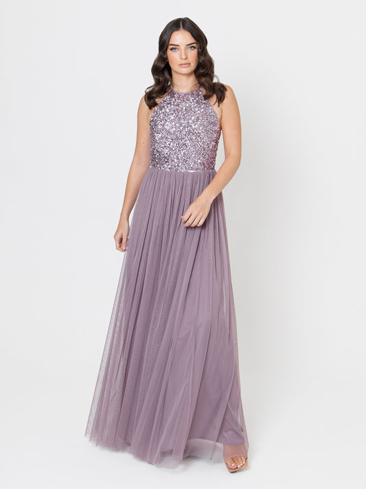 Maya Moody Lilac Embellished Halter Neck Maxi Dress