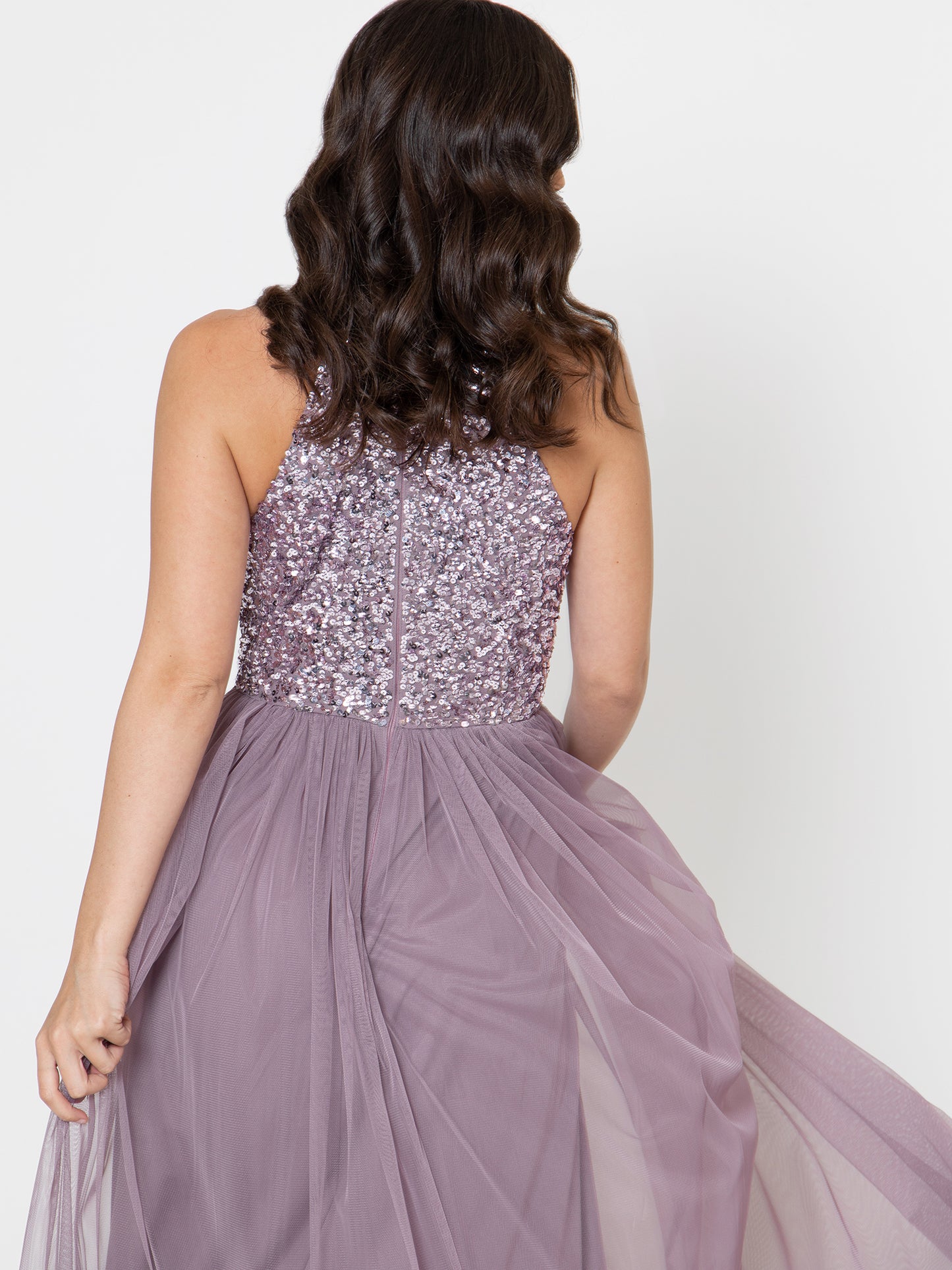 Maya Moody Lilac Embellished Halter Neck Maxi Dress