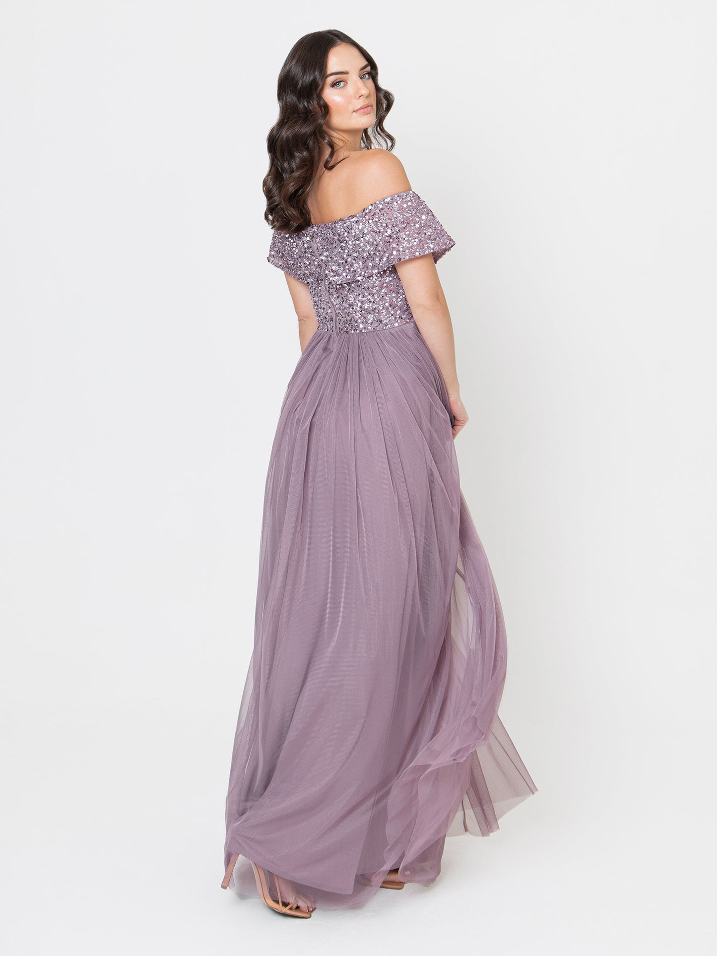 Maya Moody Lilac Bardot Embellished Maxi Dress