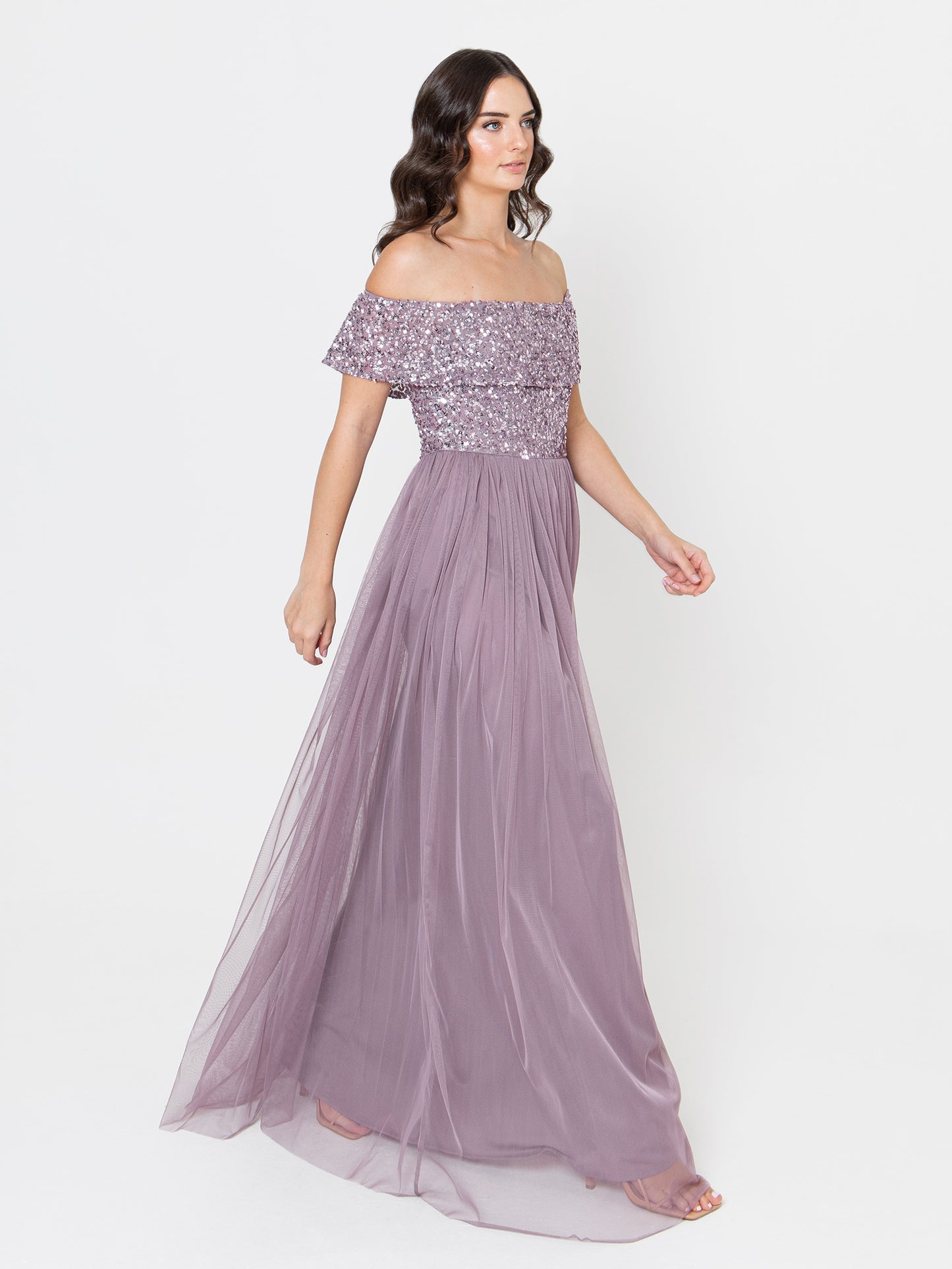 lace & beads layered tulle bardot maxi dress in lilac Lace & Beads Petite ruffle shoulder tiered tulle maxi dress in lilac floral