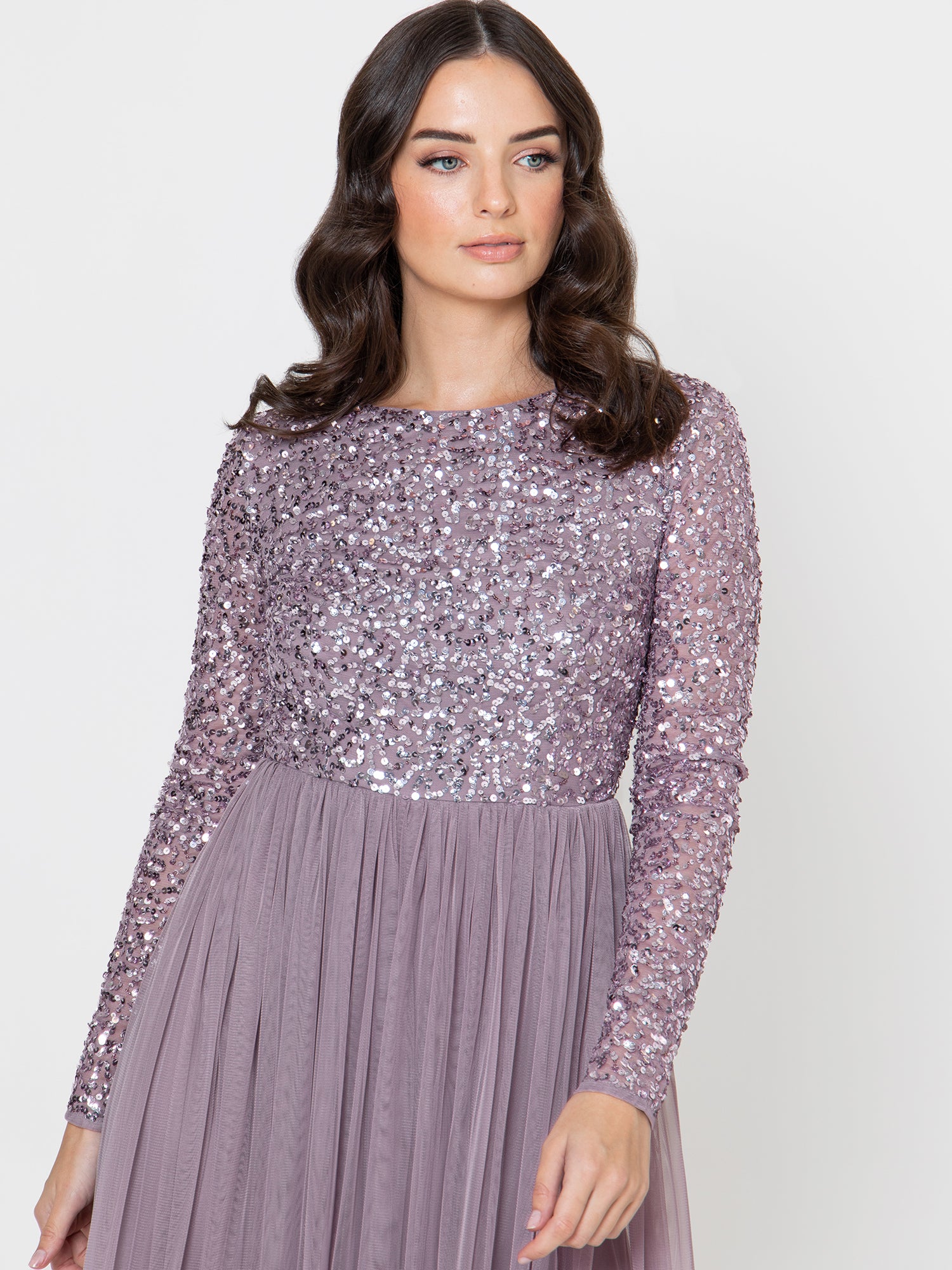 fitted lace wedding dress Maya Moody Lilac Embellished Long Sleeve Maxi Dress – Maya Deluxe