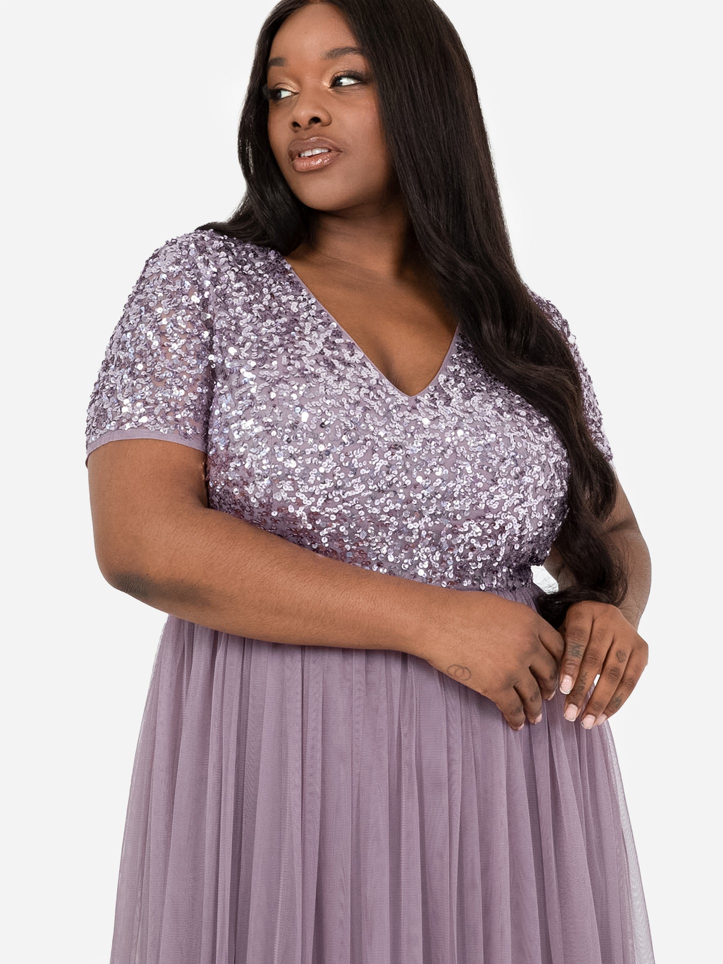 Maya Moody Lilac V Neckline Embellished Midi Dress