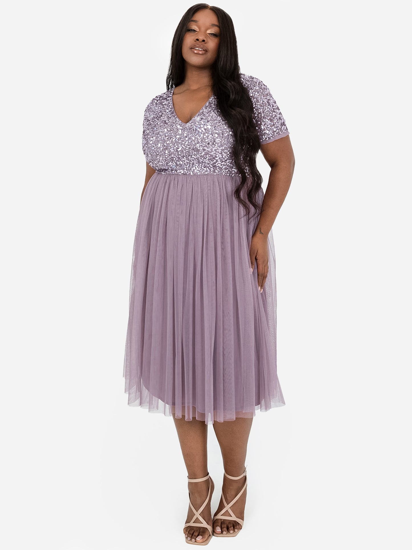 Maya Moody Lilac V Neckline Embellished Midi Dress