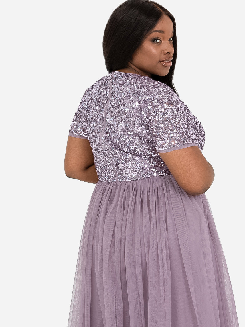 Maya Moody Lilac V Neckline Embellished Midi Dress