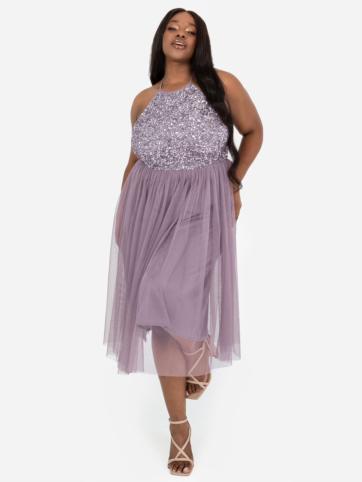 Maya Moody Lilac Embellished Halter Neck Midi Dress