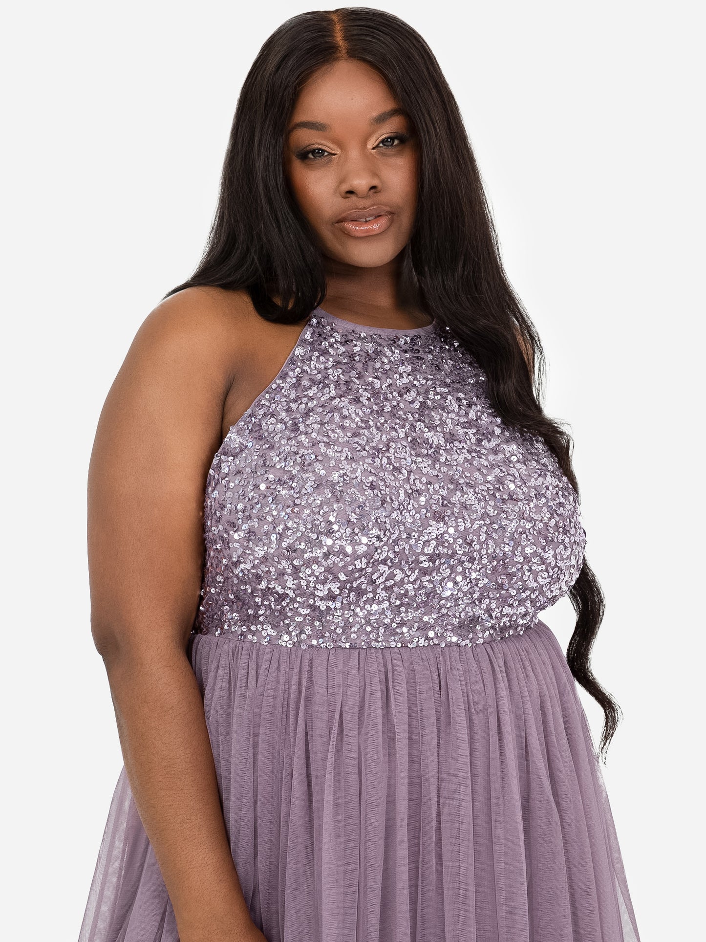 Maya Moody Lilac Embellished Halter Neck Midi Dress