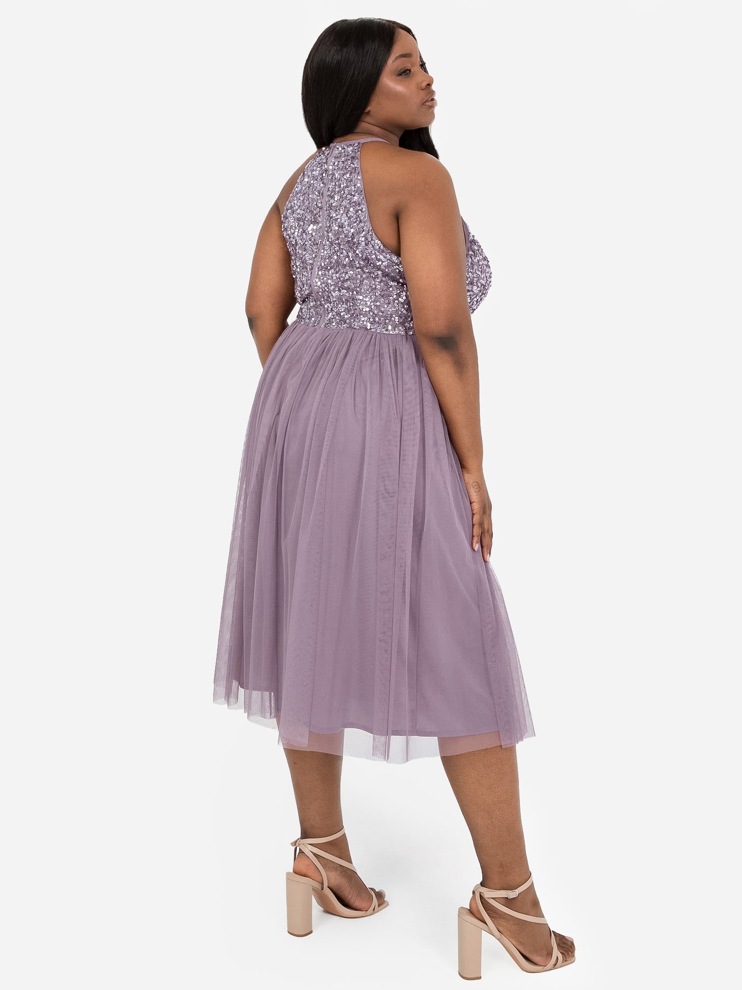 Maya Moody Lilac Embellished Halter Neck Midi Dress