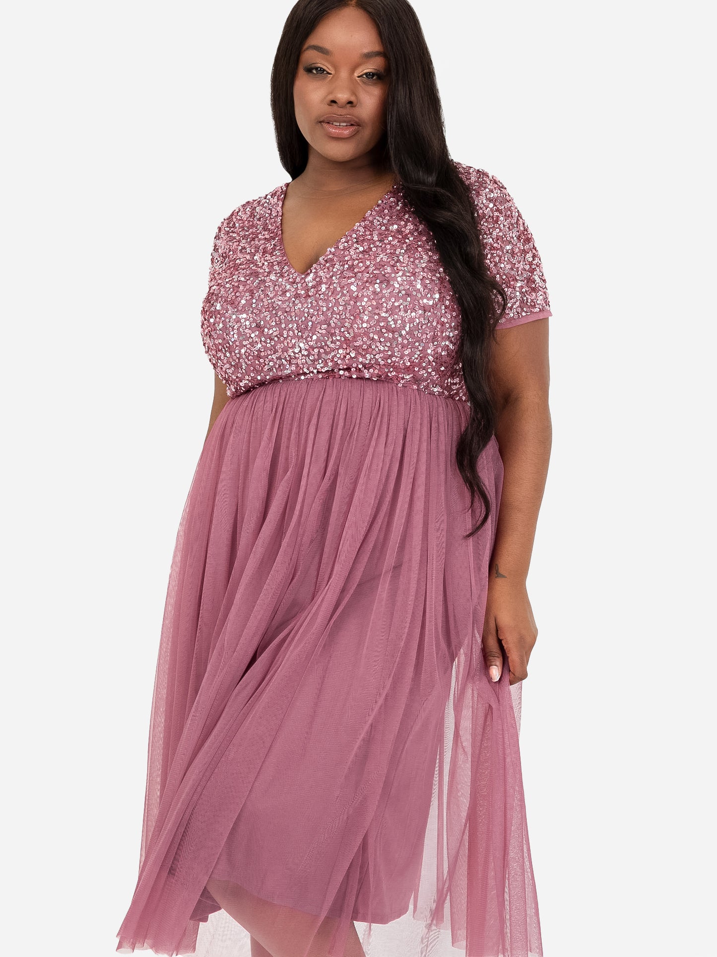 Maya Desert Rose V Neckline Embellished Midi Dress