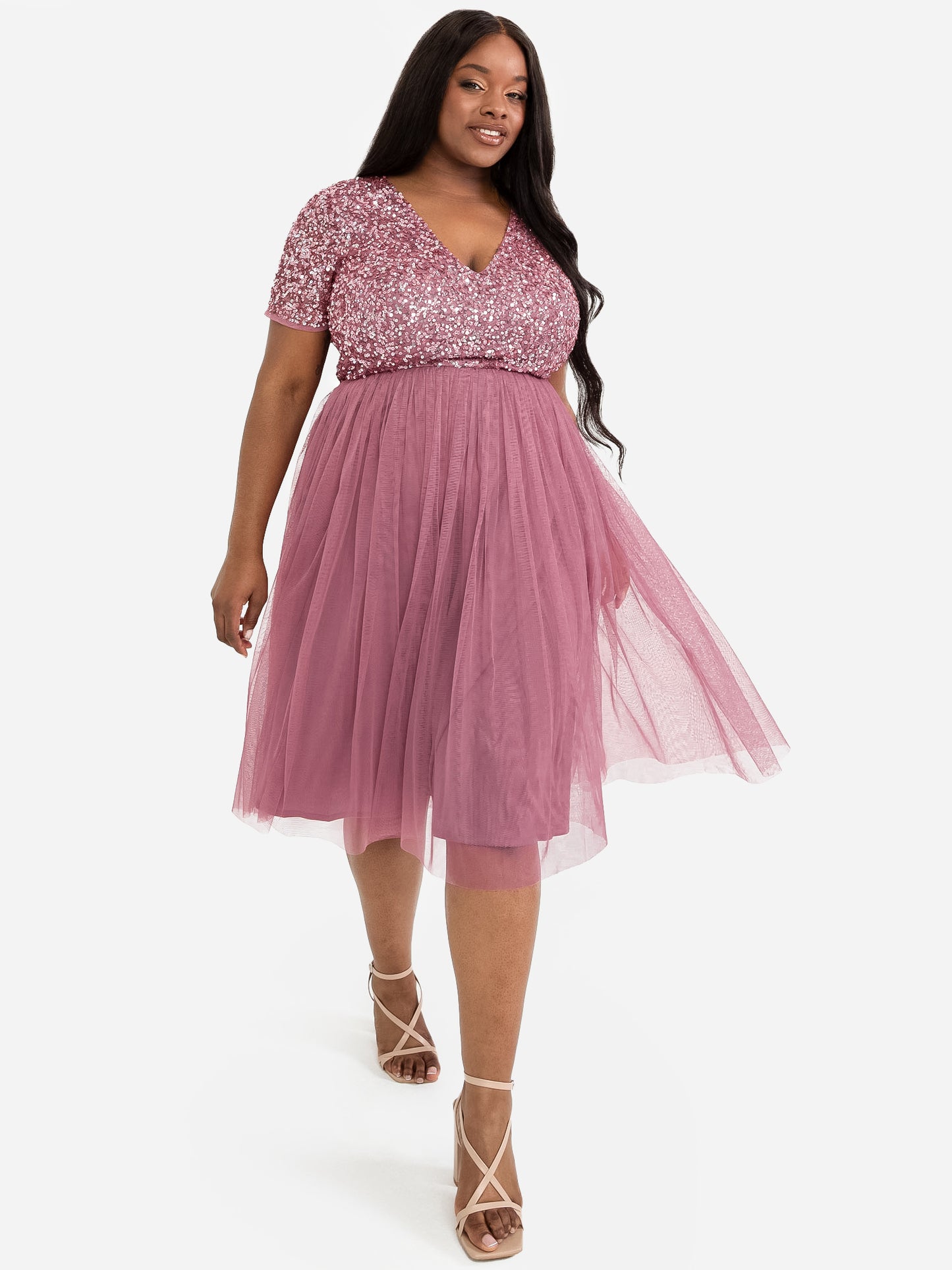 Maya Desert Rose V Neckline Embellished Midi Dress