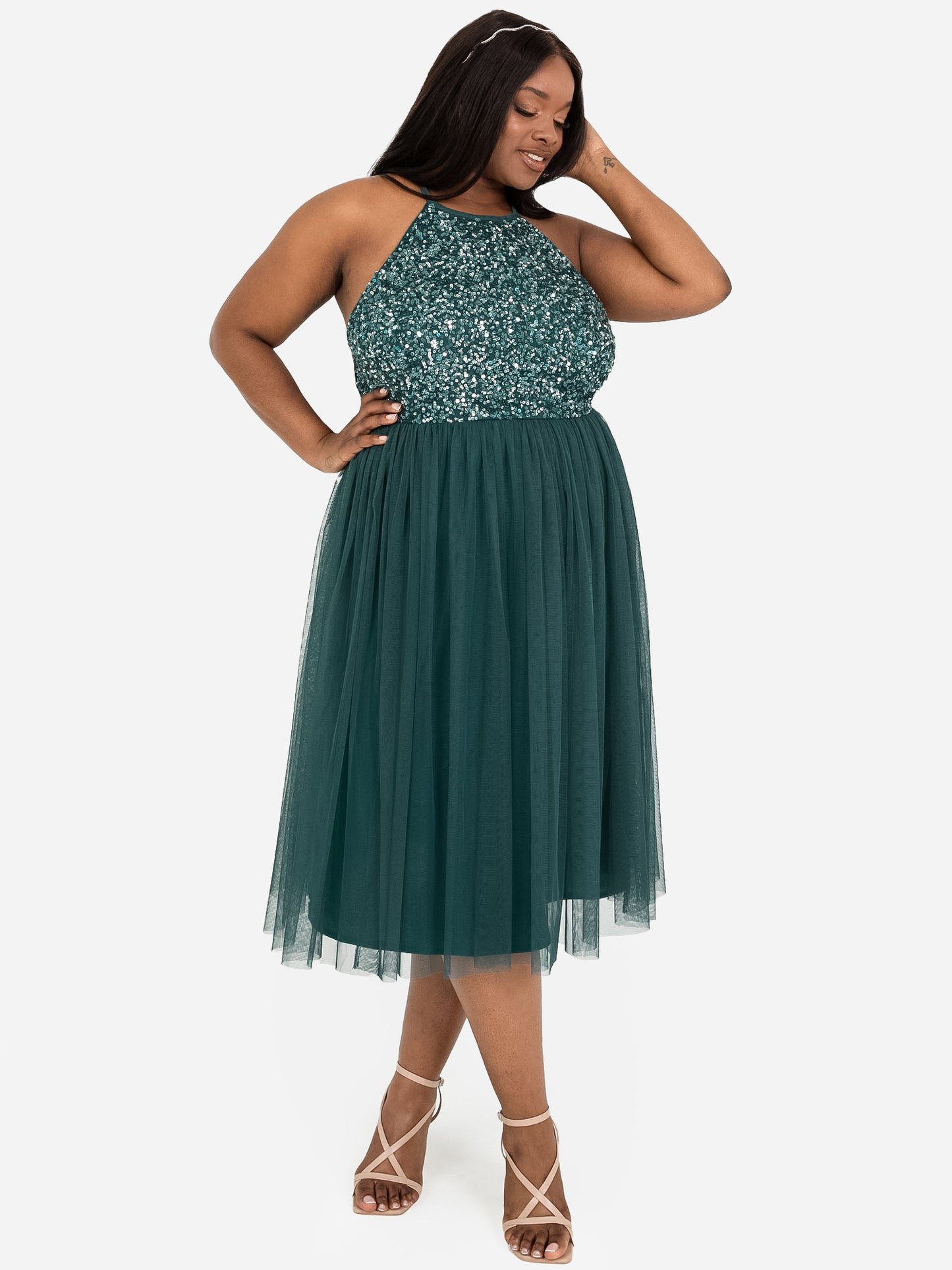 Maya Emerald Green Embellished Halter Neck Midi Dress