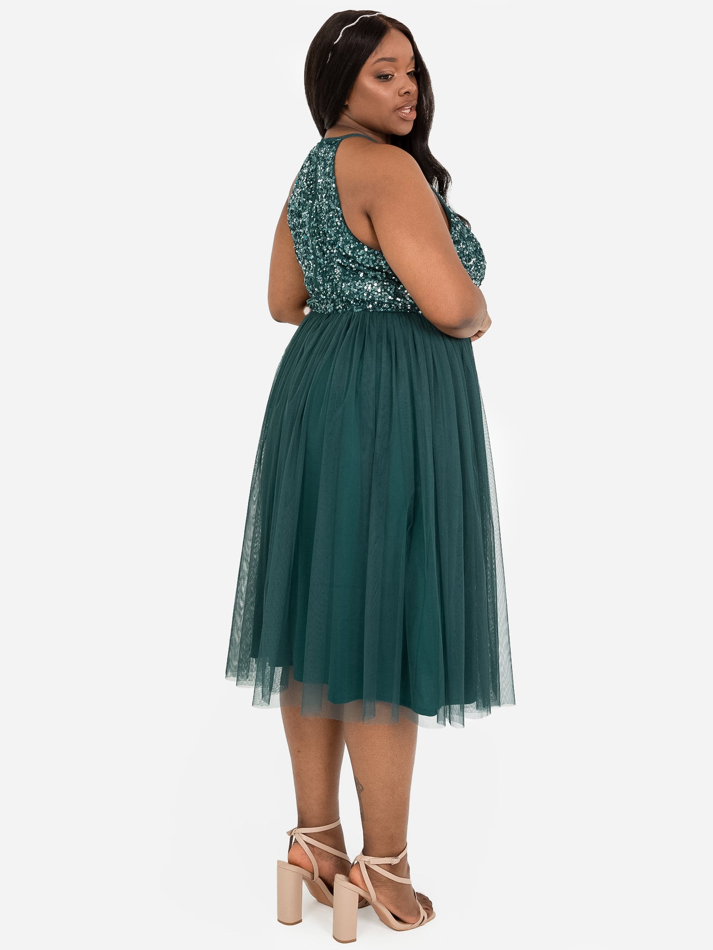 Maya Emerald Green Embellished Halter Neck Midi Dress