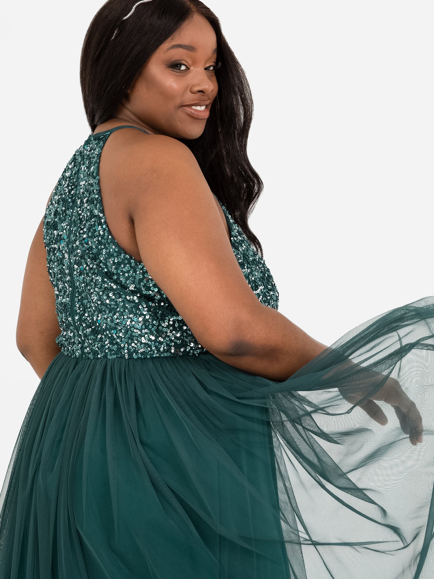 Maya Emerald Green Embellished Halter Neck Midi Dress