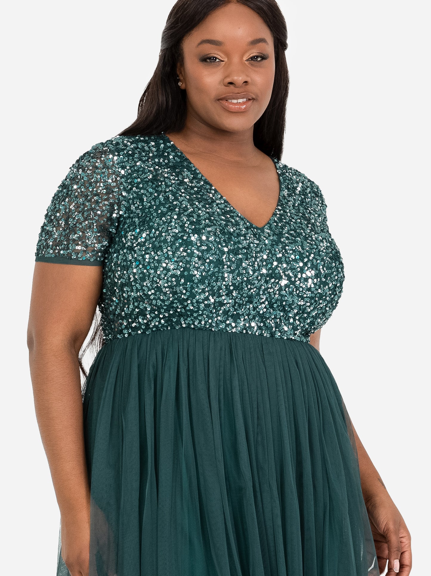Maya Emerald Green V Neckline Embellished Midi Dress