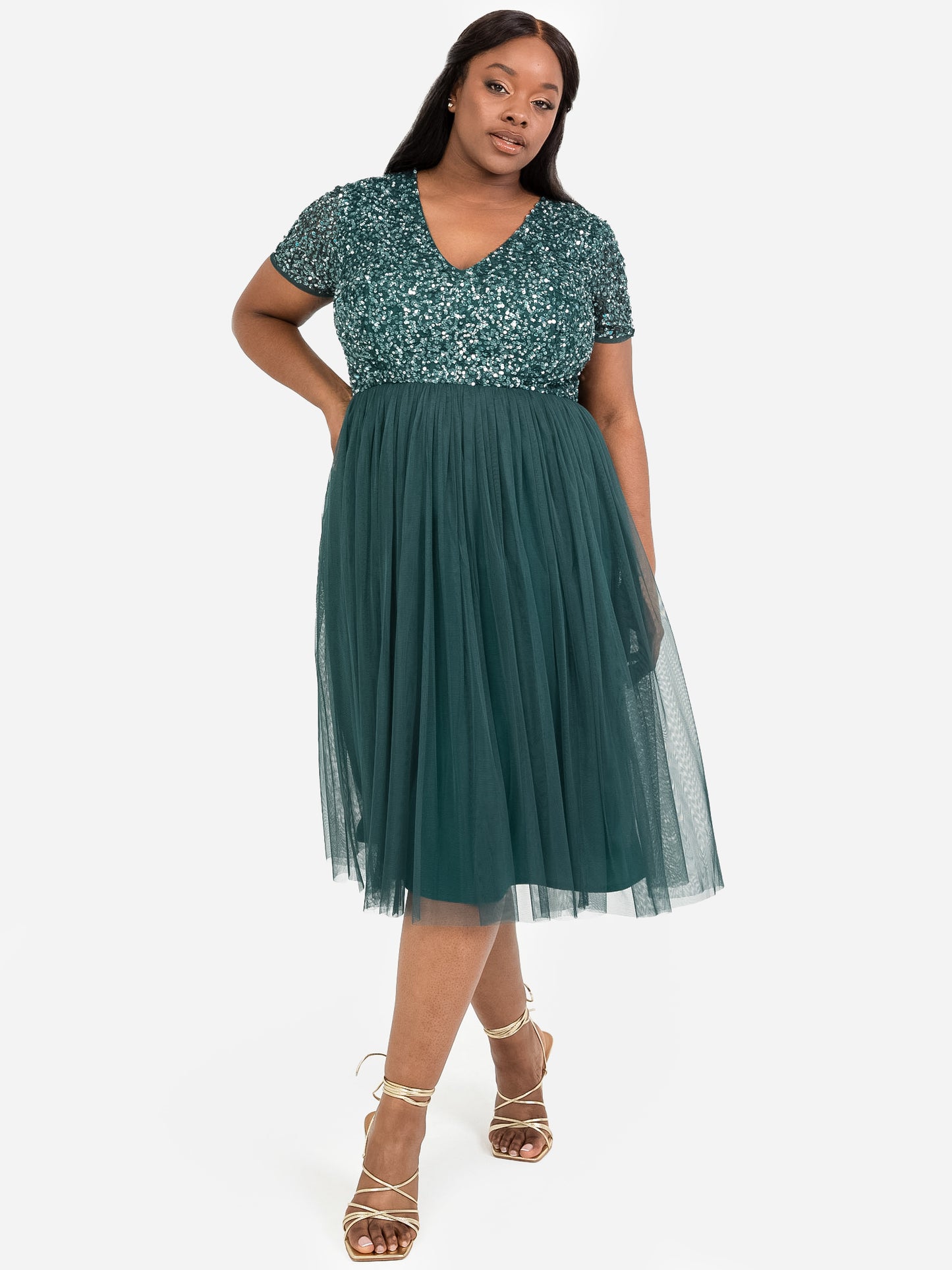 Maya Emerald Green V Neckline Embellished Midi Dress
