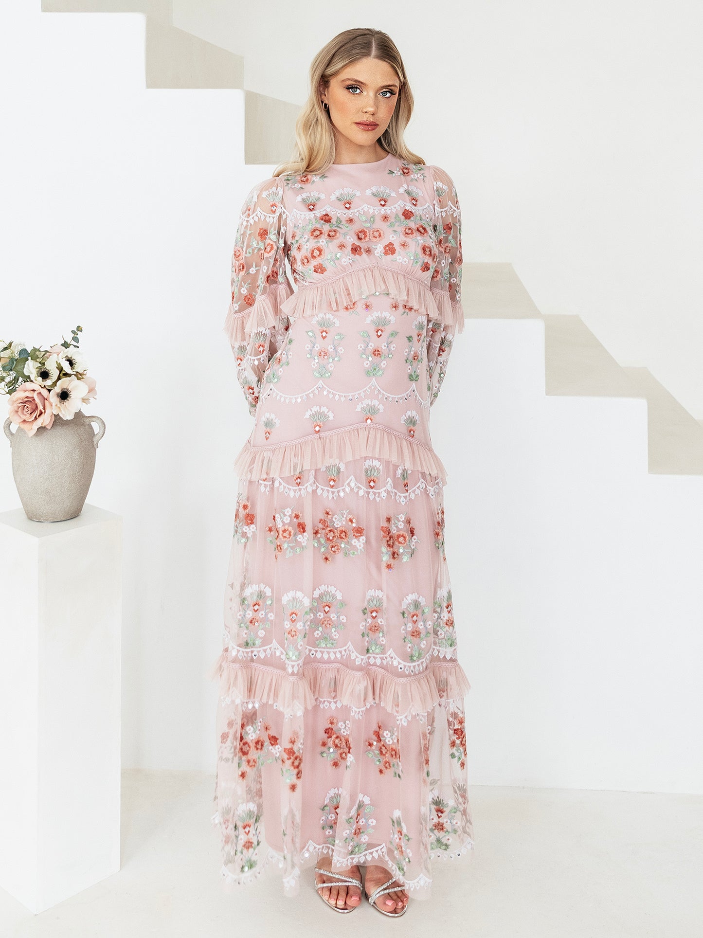 Maya Pale Peach Fully Embroidered Long Sleeve Maxi Dress with Frill Detail
