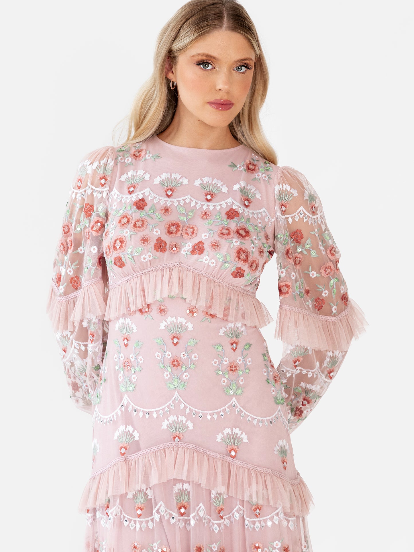 Maya Pale Peach Fully Embroidered Long Sleeve Maxi Dress with Frill Detail
