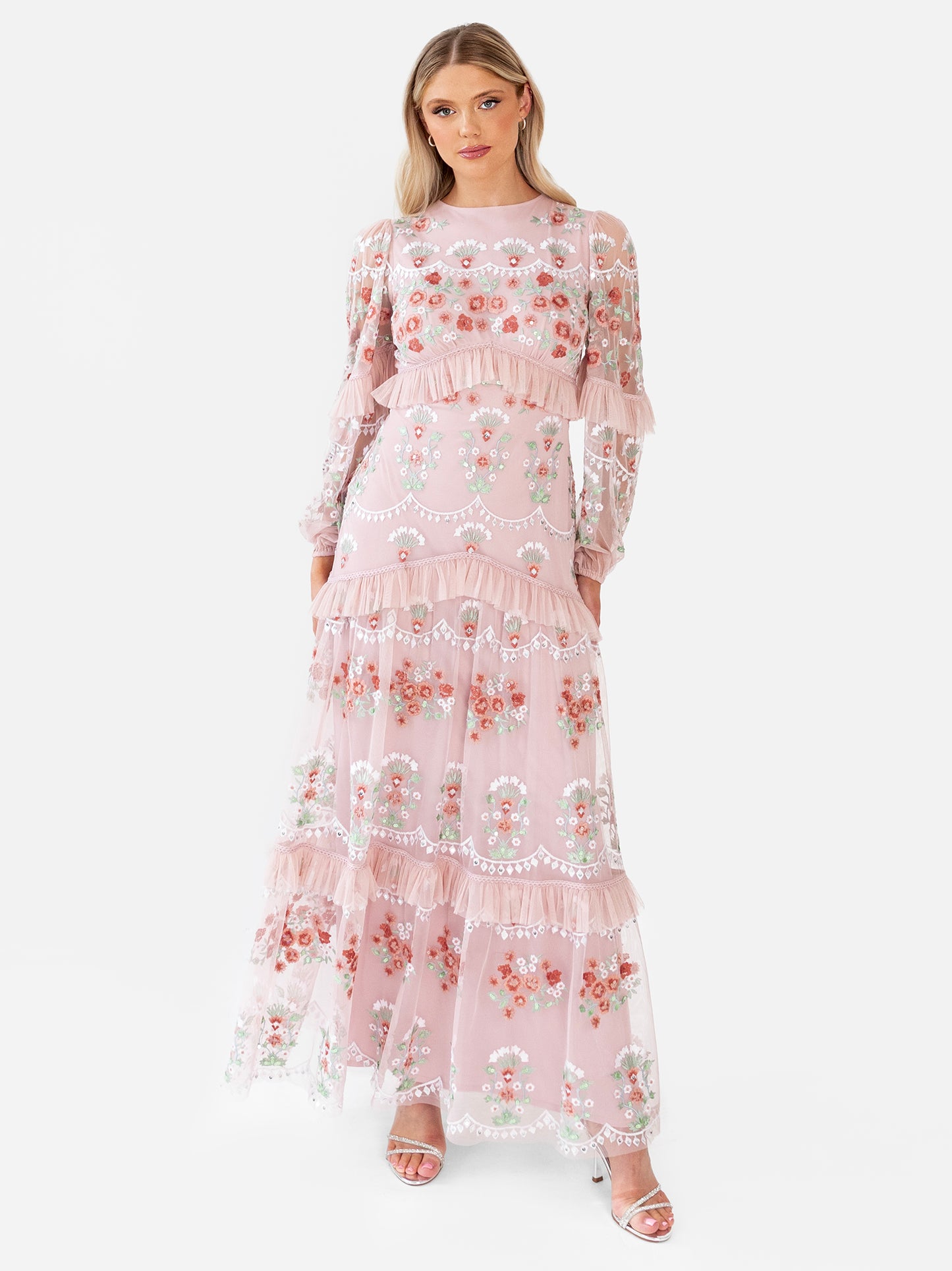 Maya Pale Peach Fully Embroidered Long Sleeve Maxi Dress with Frill Detail