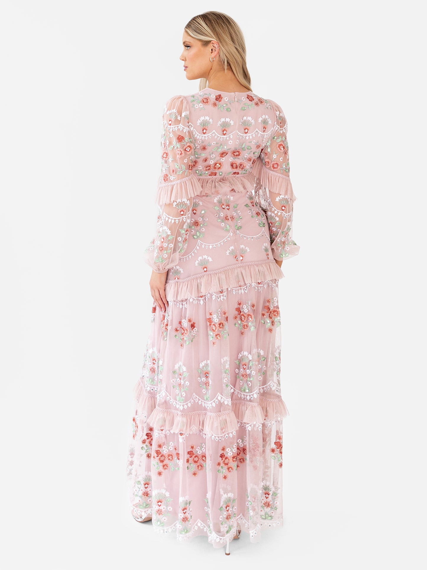 Maya Pale Peach Fully Embroidered Long Sleeve Maxi Dress with Frill Detail
