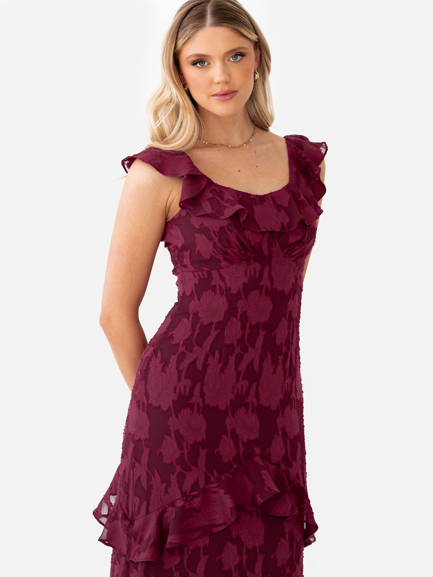 Anaya With Love Recycled Dark Raspberry Floral Burnout Ruffled Maxi Dress
