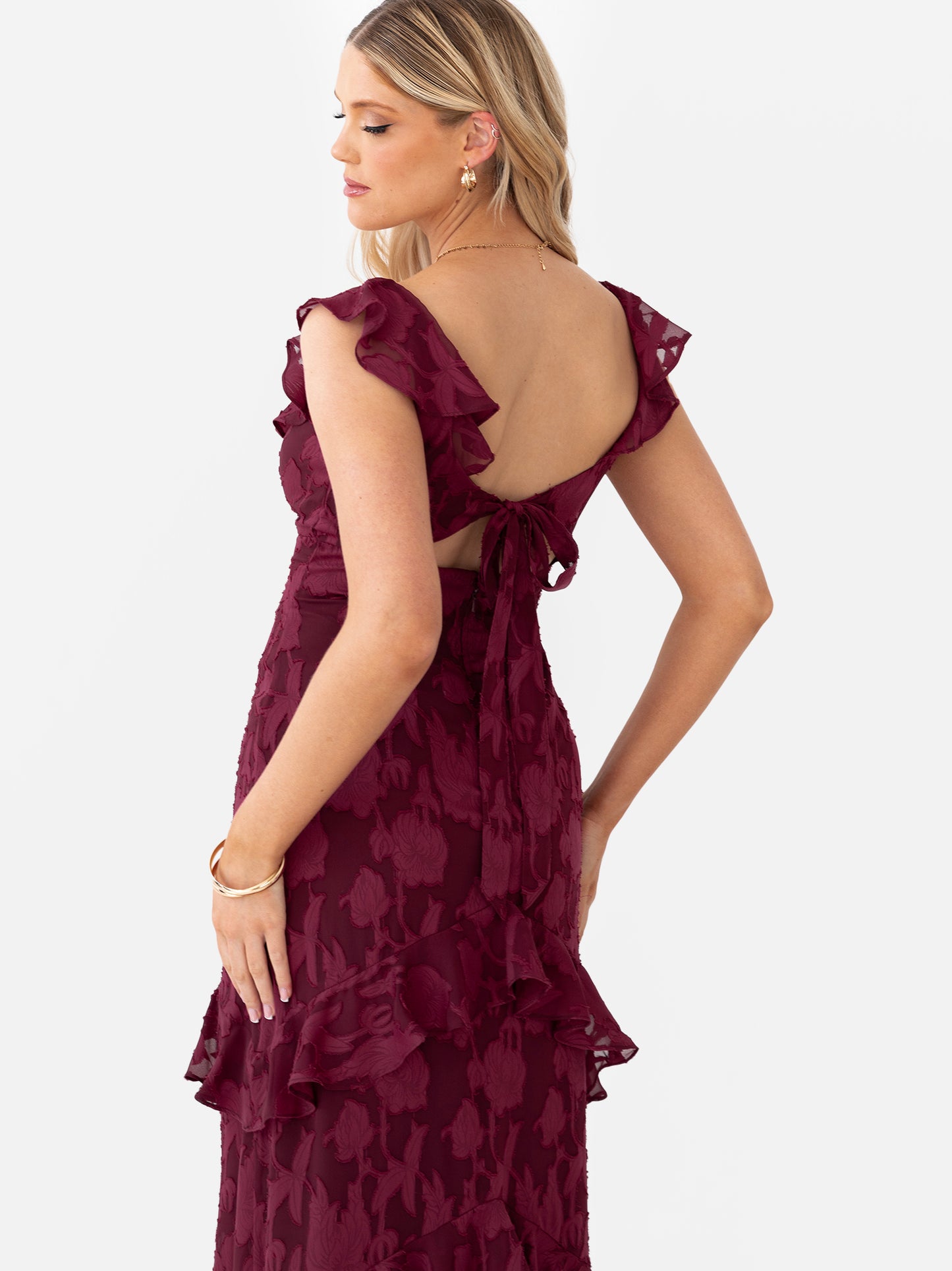 Anaya With Love Recycled Dark Raspberry Floral Burnout Ruffled Maxi Dress