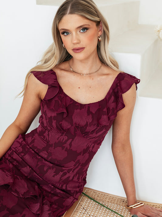 Anaya With Love Recycled Dark Raspberry Floral Burnout Ruffled Maxi Dress