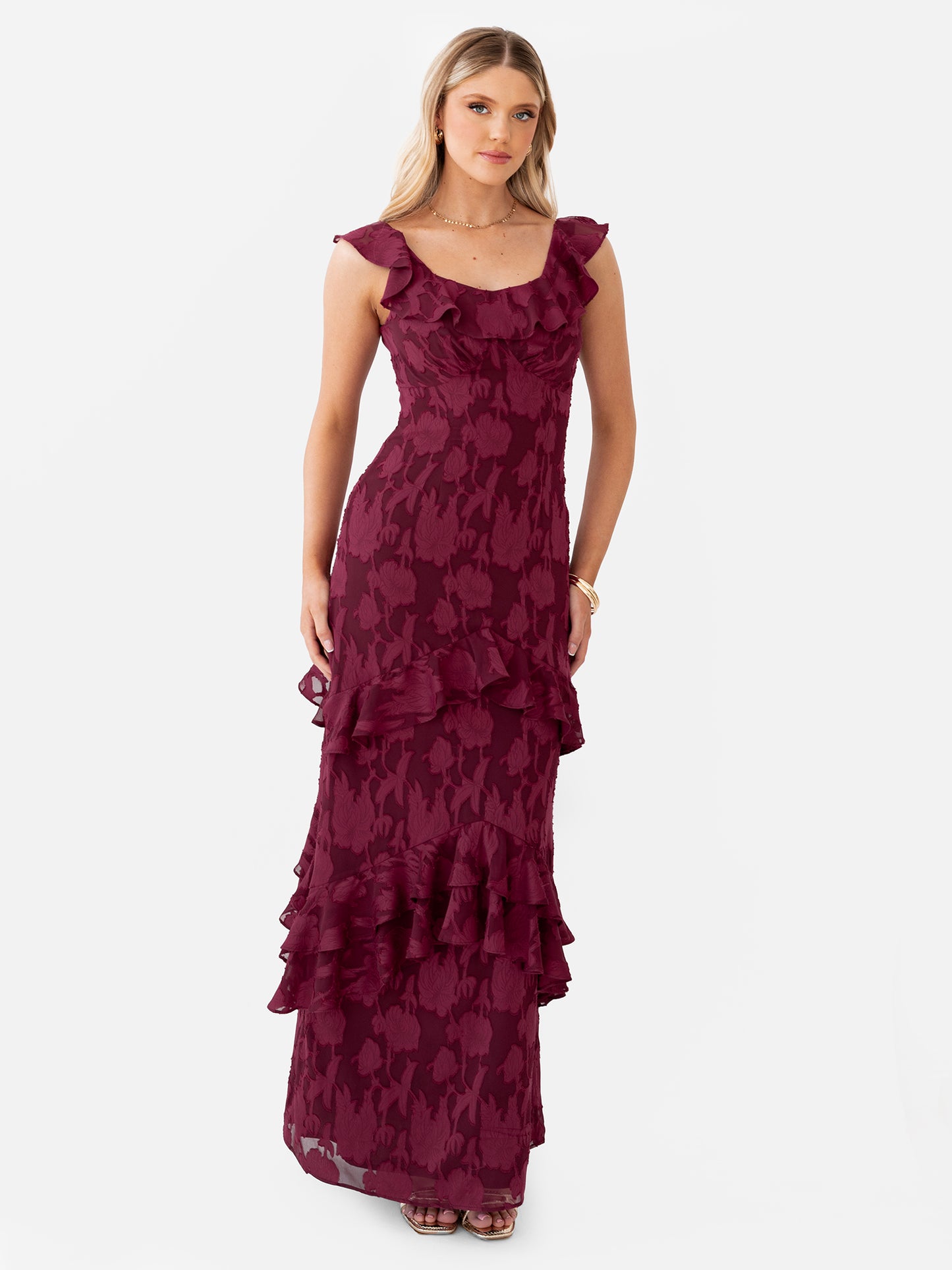 Anaya With Love Recycled Dark Raspberry Floral Burnout Ruffled Maxi Dress