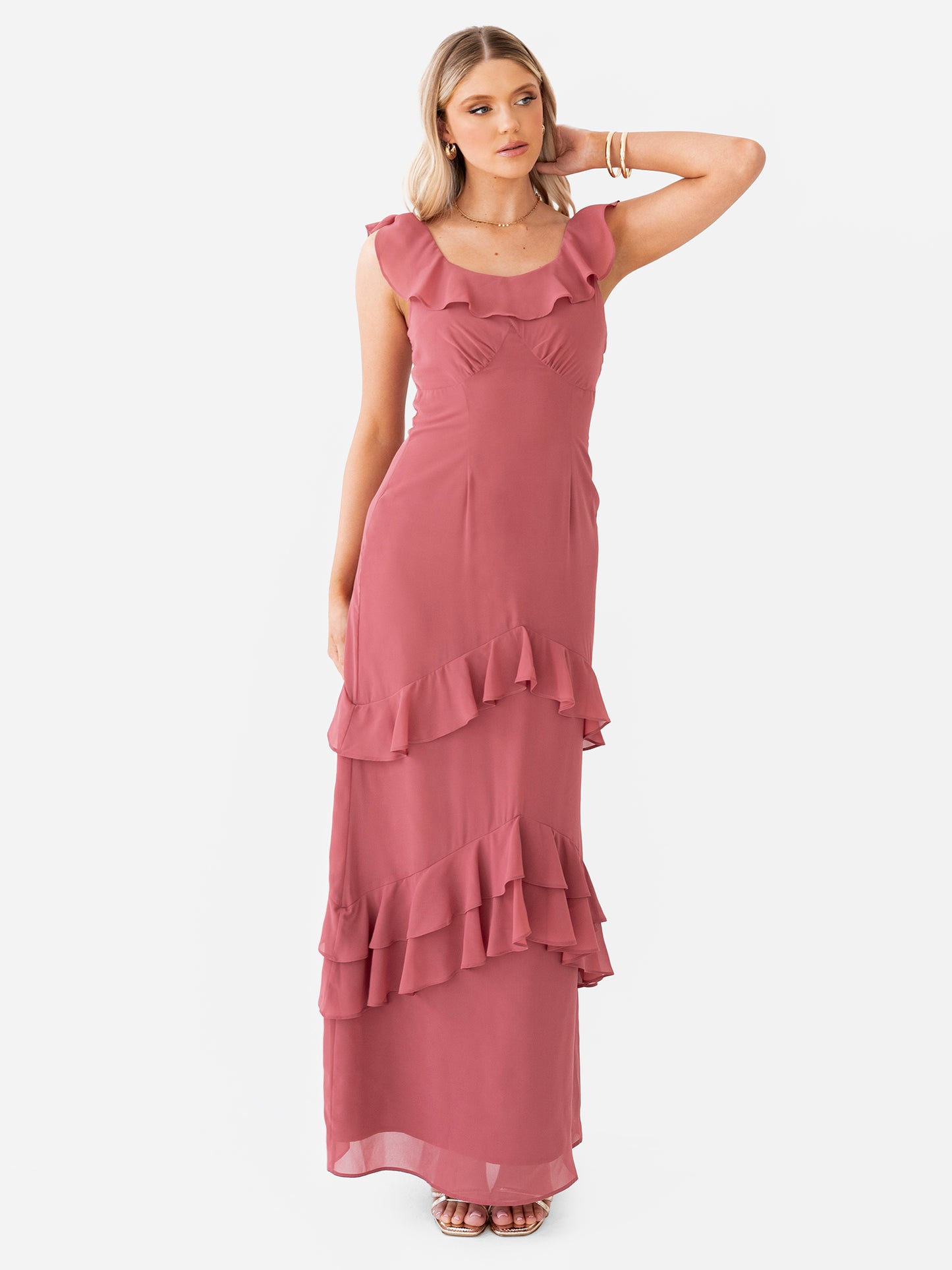Anaya With Love Recycled Garnet Rose Ruffled Maxi Dress with Tie Back