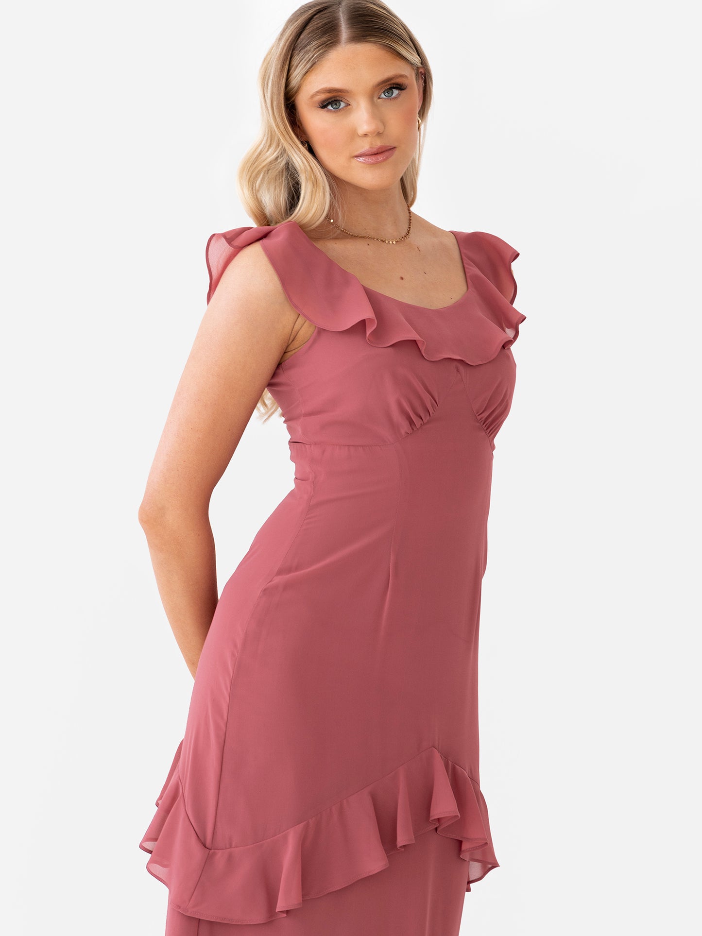 Anaya With Love Recycled Garnet Rose Ruffled Maxi Dress with Tie Back