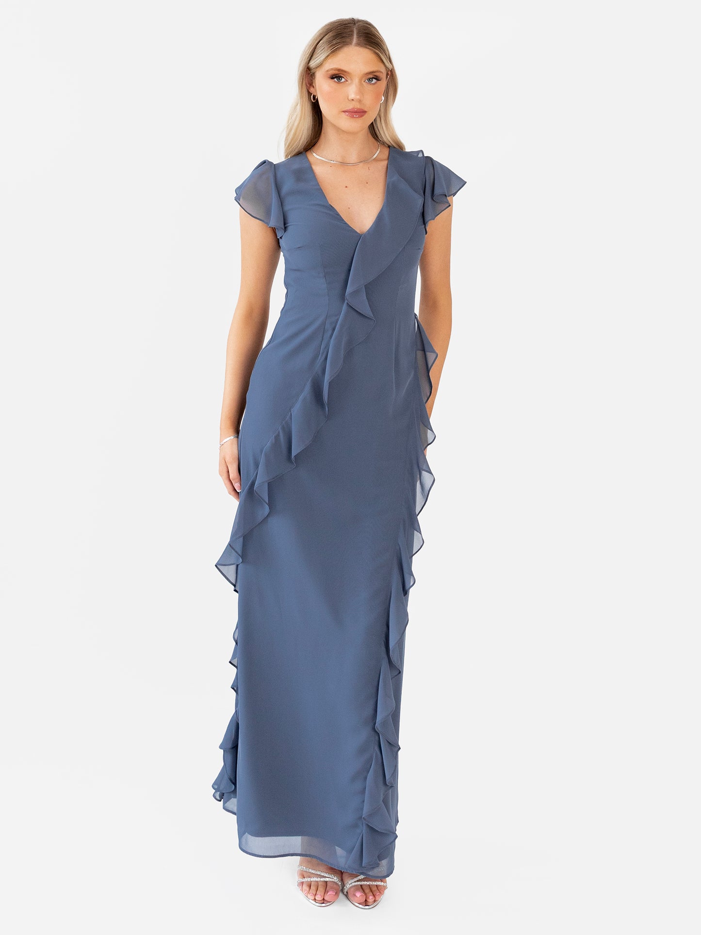 Anaya With Love Recycled Vintage Indigo Waterfall Ruffle Maxi Dress